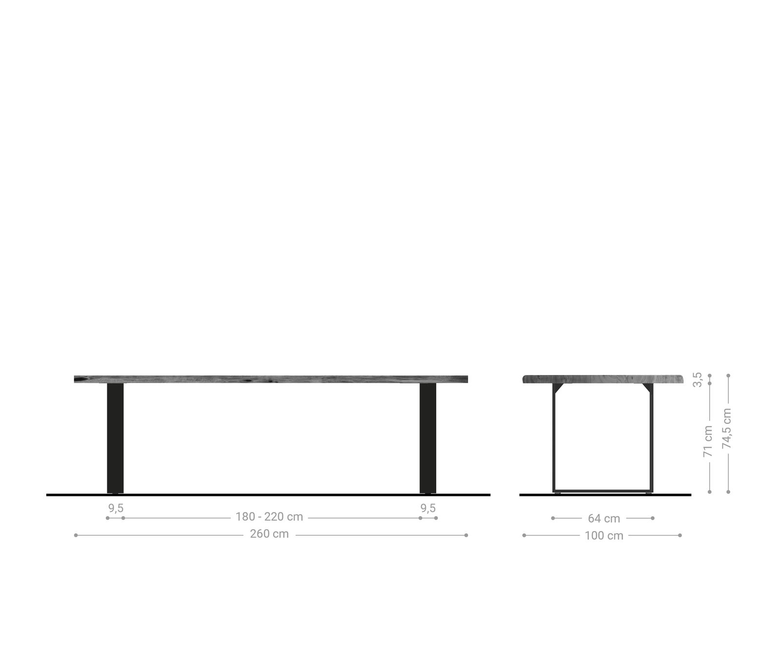 Stół do jadalni Edge 260x100 cm akacja naturalna stal nierdzewna wąska rama live-edge 7