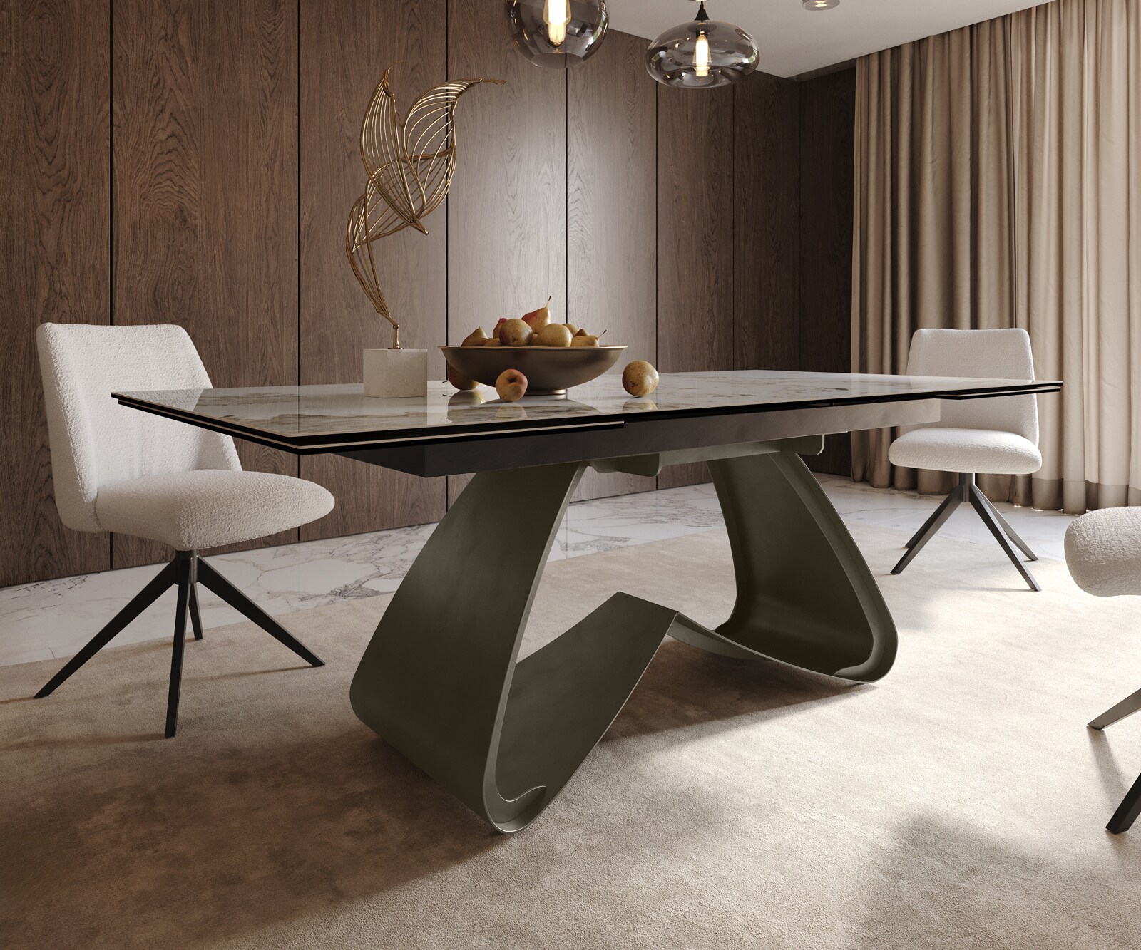 Stół do jadalni Edge 200-300x100 cm ceramika Minas Melange biało-beżowy rama W kolor tytanowy rozkładany 6