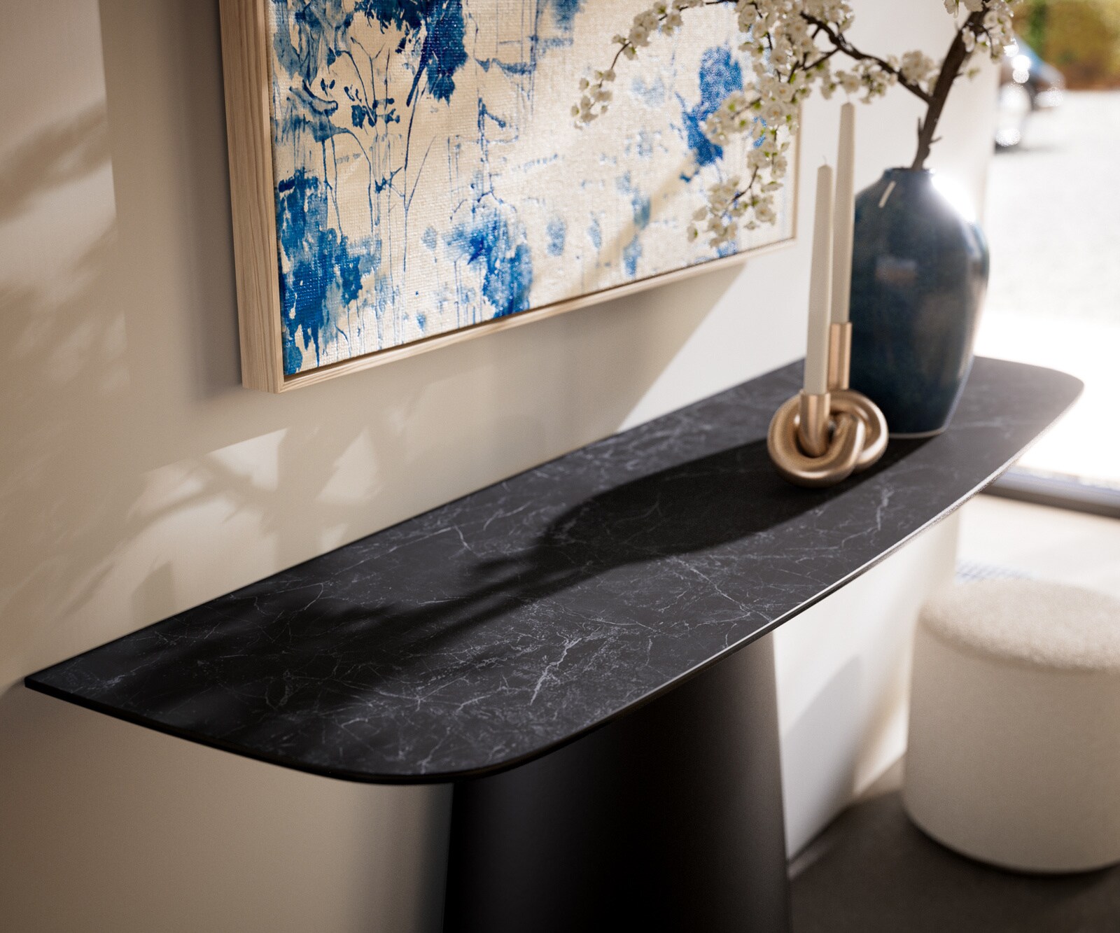 Konsola Edge w kształcie beczki 140x40 cm ceramika Laminam® Nero Greco antracytowa rama Conos metal czarny 2