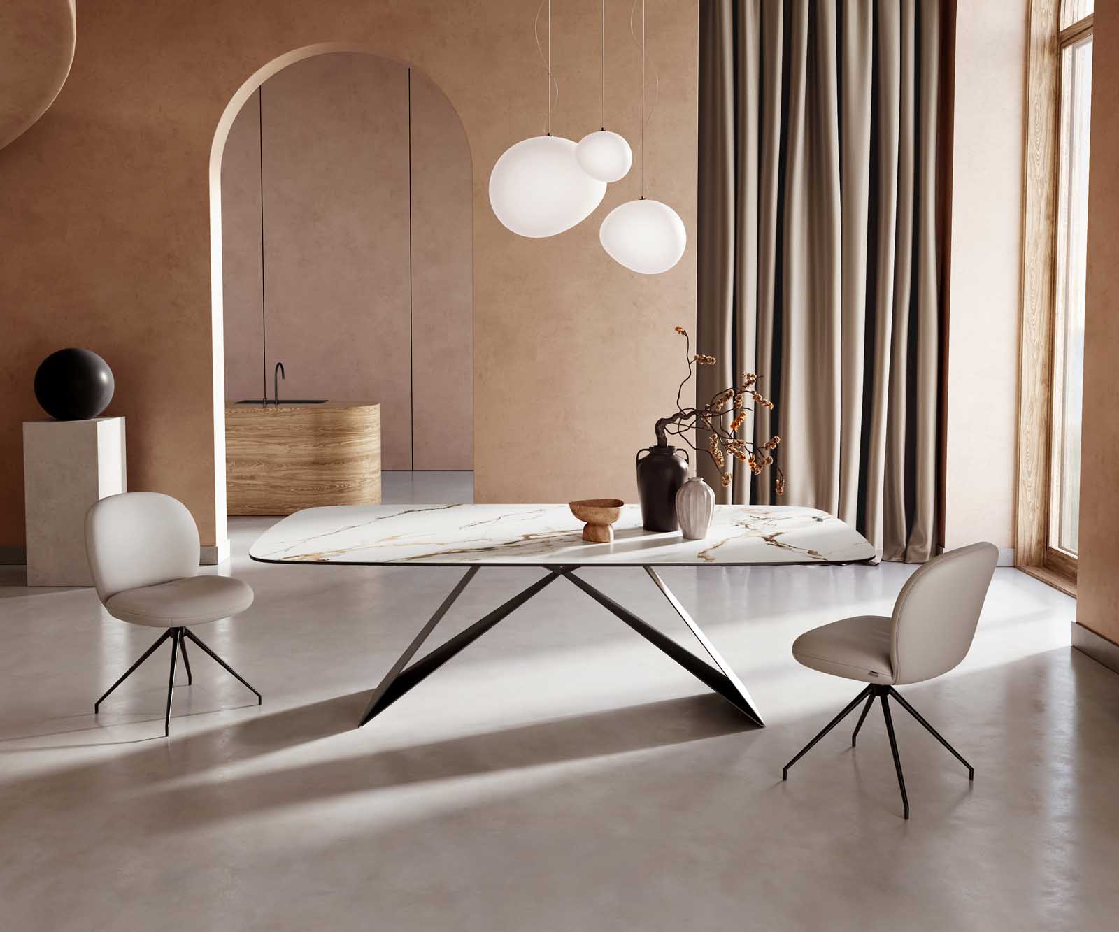 Stół do jadalni Edge kształt beczki 240x120cm ceramika Calacatta Luxe biało-złoto-szary rama V metal czarna 1