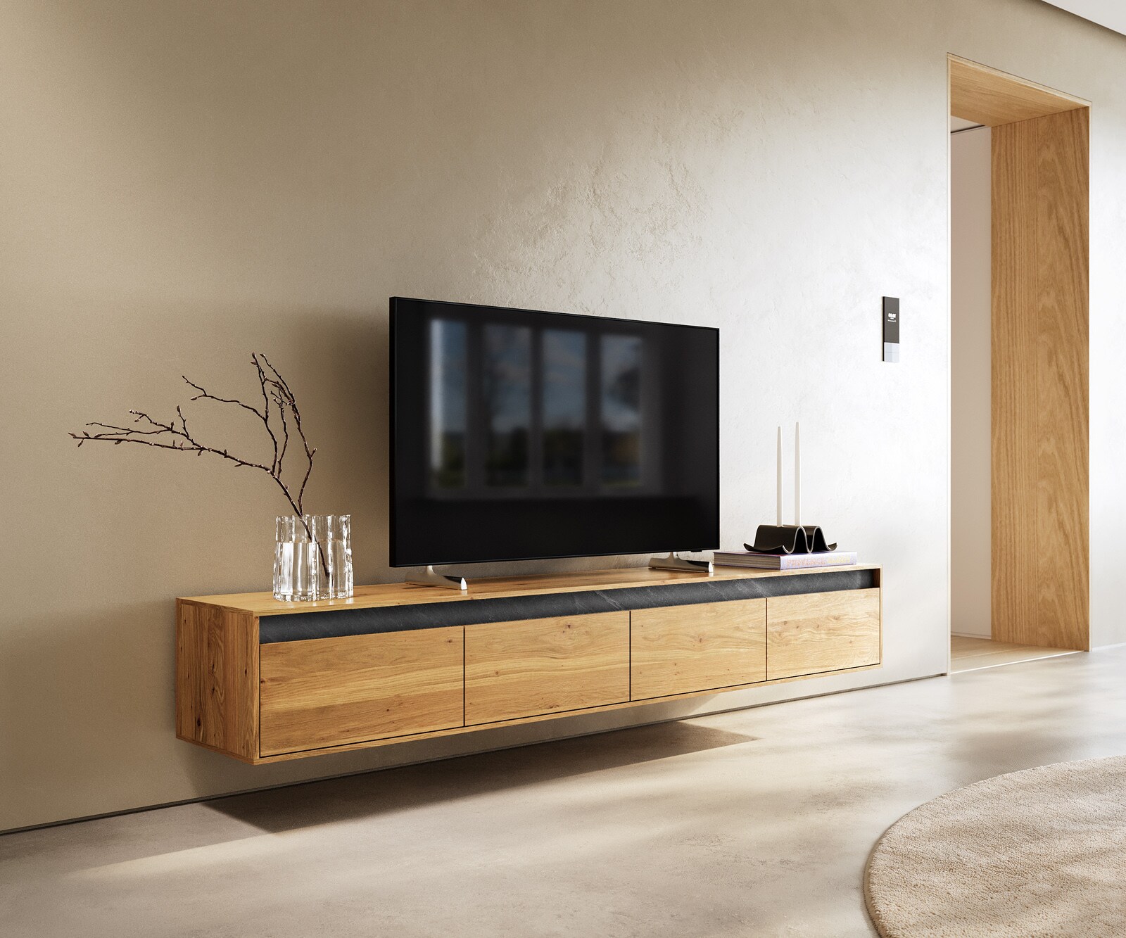 Szafka RTV Stonegrace 200 cm dąb naturalny łupek 4 szuflady podwieszana 1