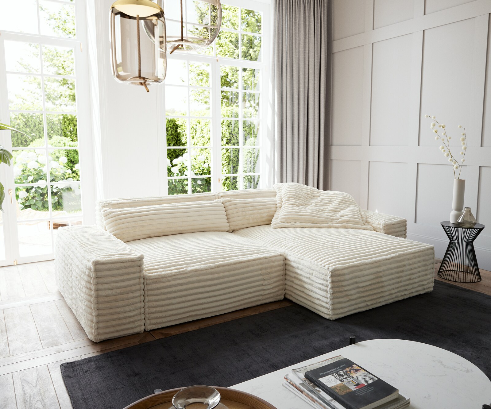 Sofa narożna Sirpio XL 270x170cm plusz-sztruks beżowy szezlong z możliwością zmiennego ustawienia