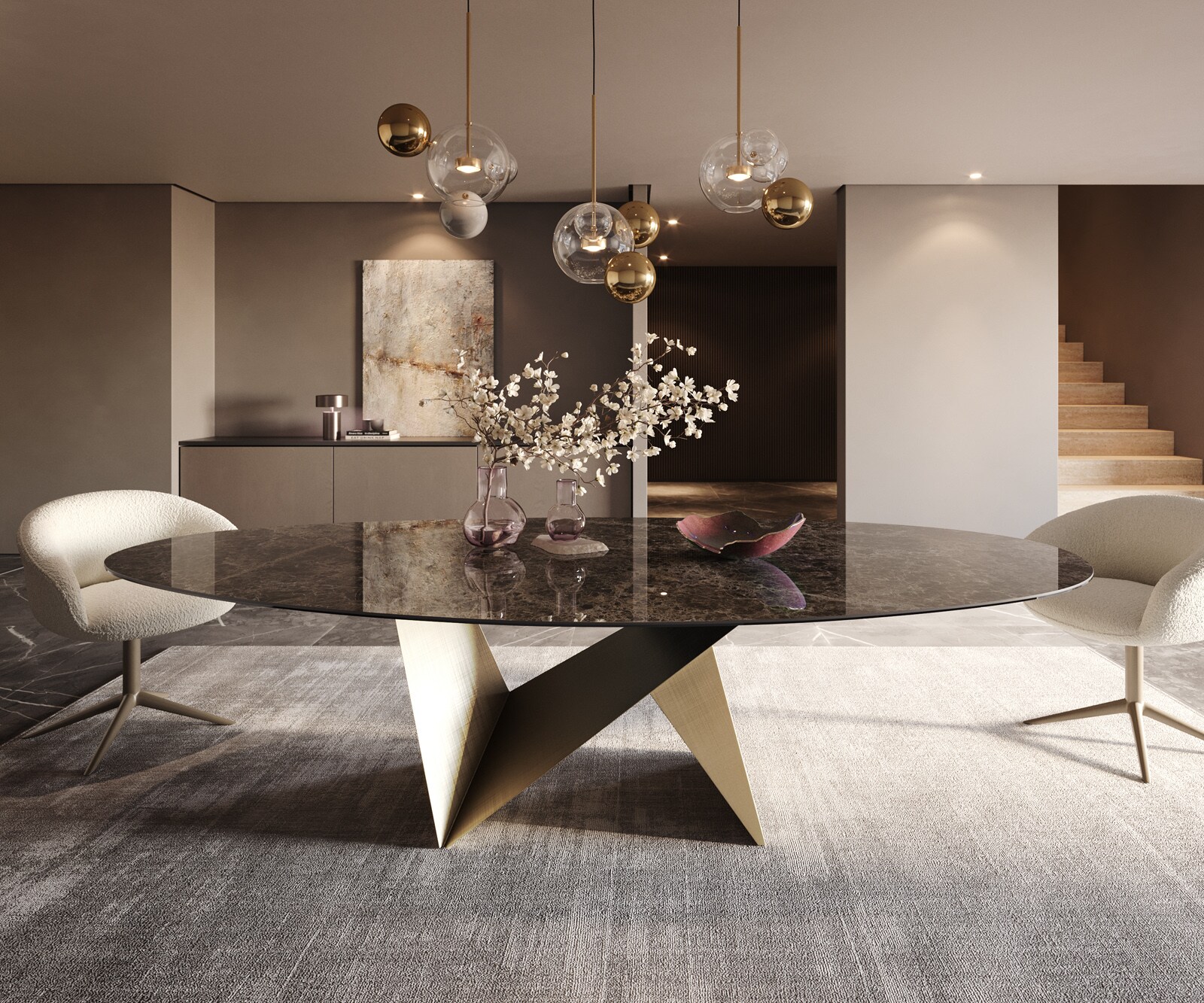Stół do jadalni Edge owalny 280x130cm ceramika Emperador Extra Lucidato ciemnobrązowa rama Origami metaliczny złoty 2