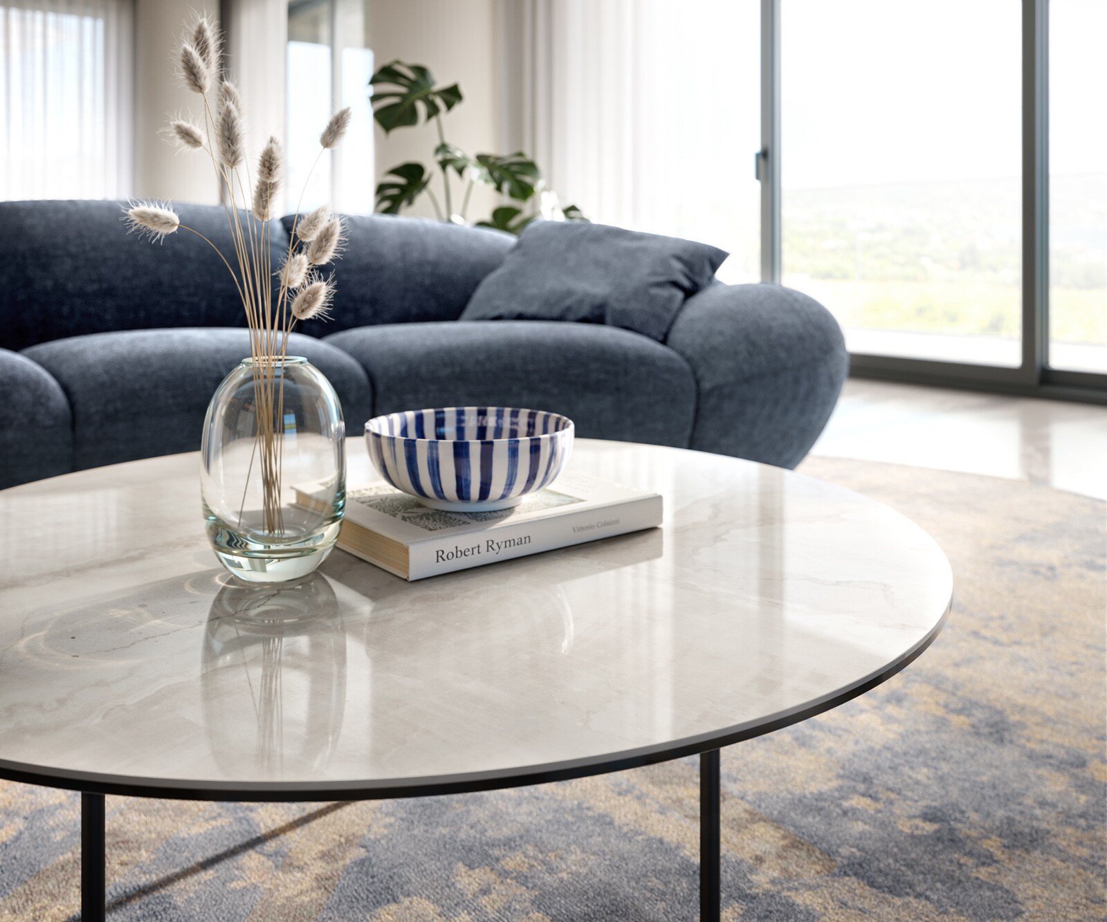 Stolik kawowy Edge okrągły 90x90 cm ceramika Onyx Champagne podstawa Trive metal czarny 6