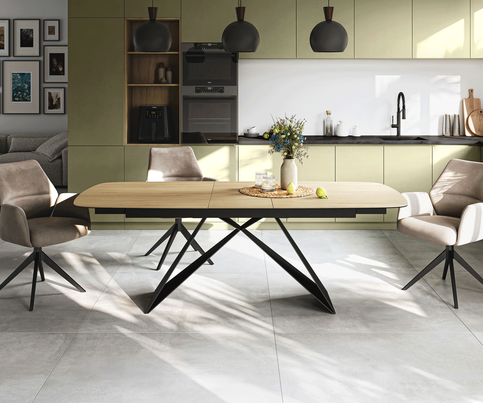 Stół do jadalni Edge w kształcie beczki 180-220x100 cm ceramika Laminam® Sabbia w kolorze dębu rama typu V metal czarny rozkładany 2