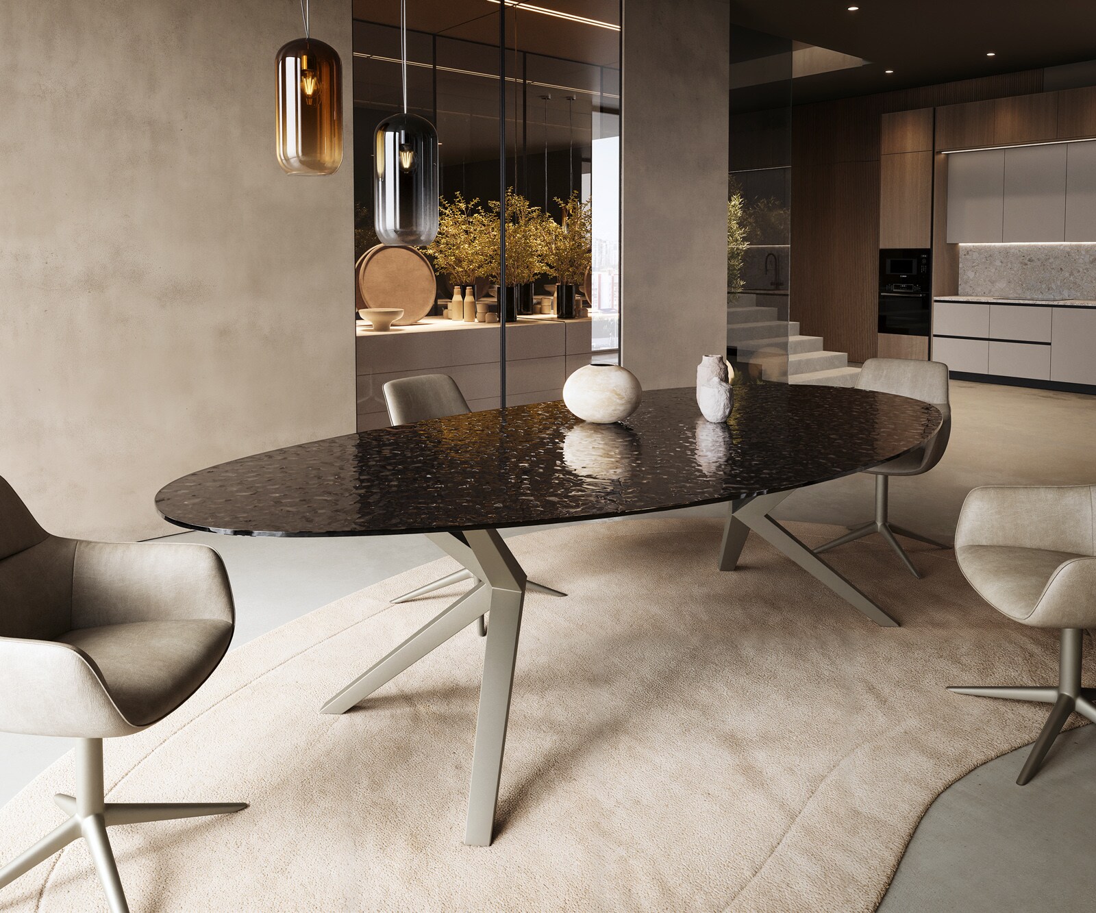 Stół do jadalni Edge owalny 280x130 Reliefglas Rauchczarny efekt 3D Zenthara metal w kolorze tytanowym