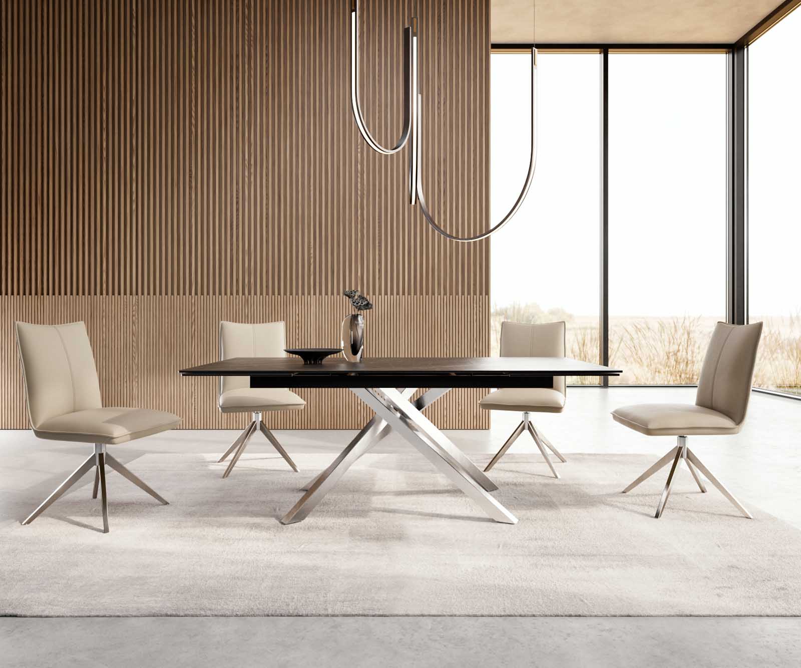 Stół do jadalni Edge 200-300x100 cm ceramika Laminam® Noir Desir brązowy rama Cross stal nierdzewna rozkładany 4