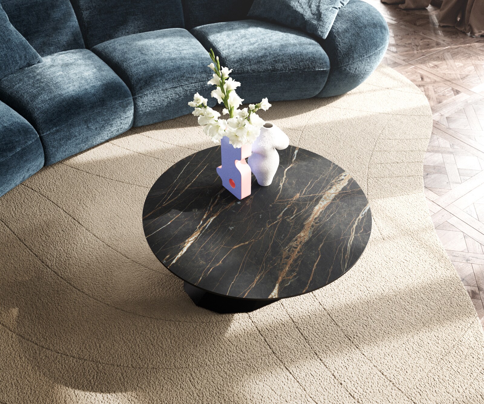 Stolik kawowy Edge okrągły 90x90 cm ceramika Laminam® Noir Desir brązowa podstawa Parabi metal czarny 4