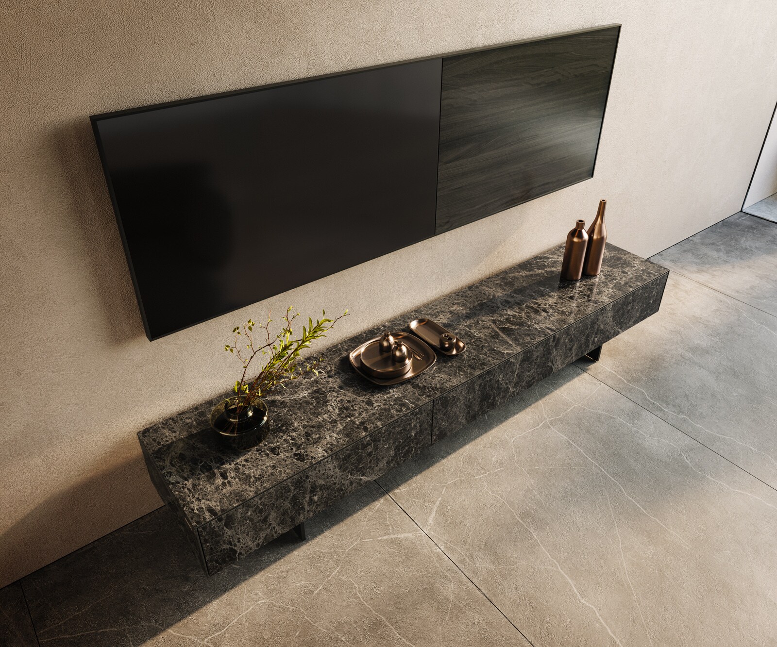 Szafka RTV Cuor 200 cm ceramika Emperador Extra Lucidato ciemnobrązowa 1 klapa 1 szuflada nóżki wąskie czarny metal 3