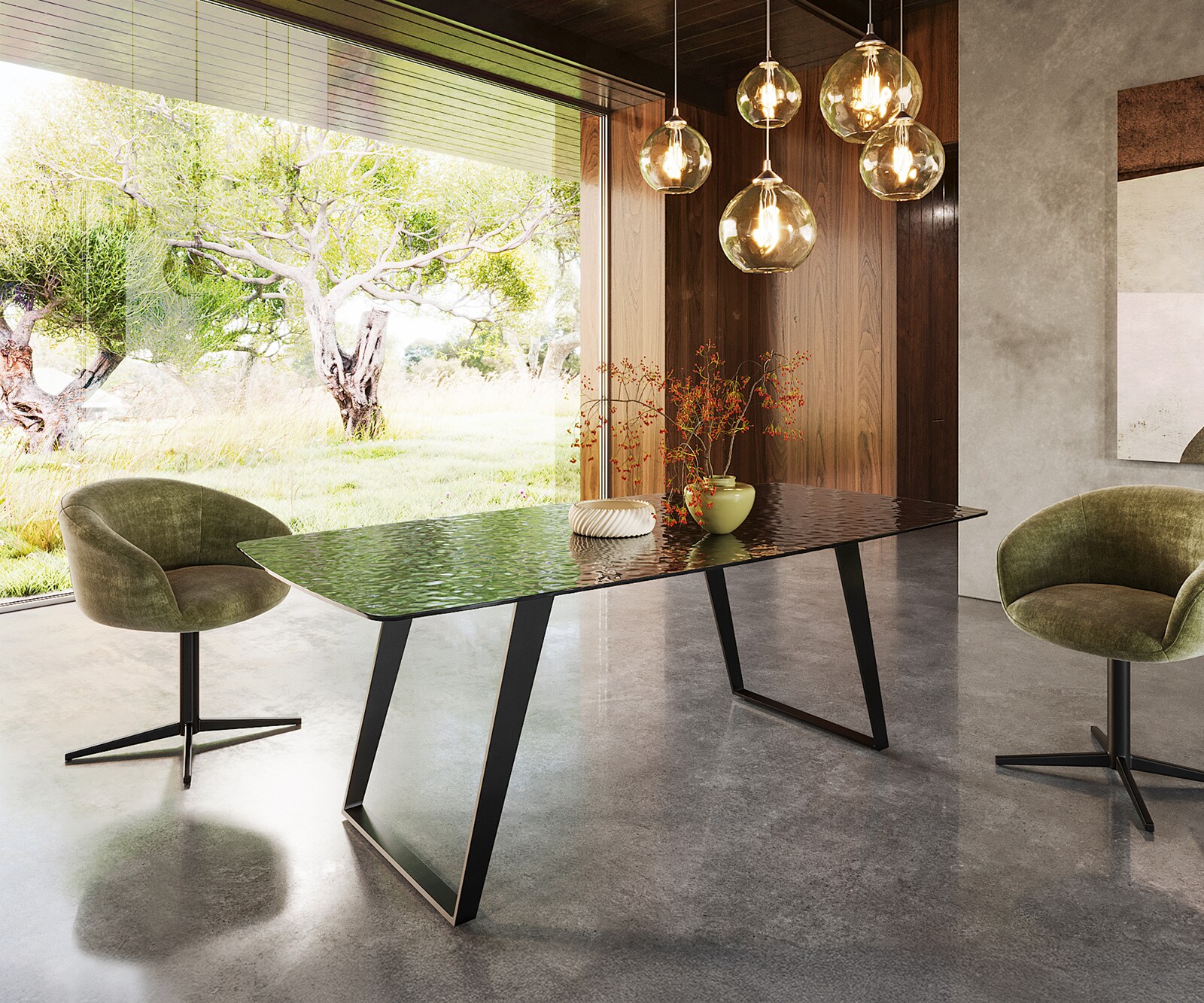 Stół do jadalni Edge w kształcie beczki 200x100cm szkło reliefowe dymione czarne efekt 3D rama pochylona metal czarny 3