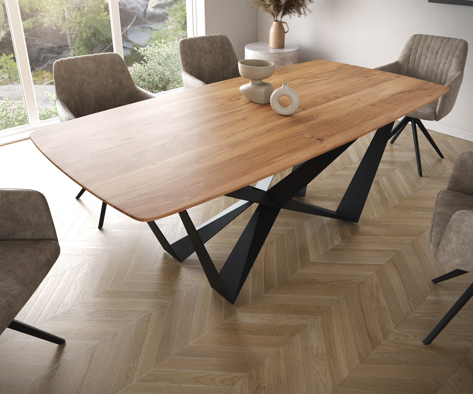 Stół do jadalni Edge kształt beczki 200x100cm akacja naturalna rama Spider metal czarna krawędź szwajcarska 4