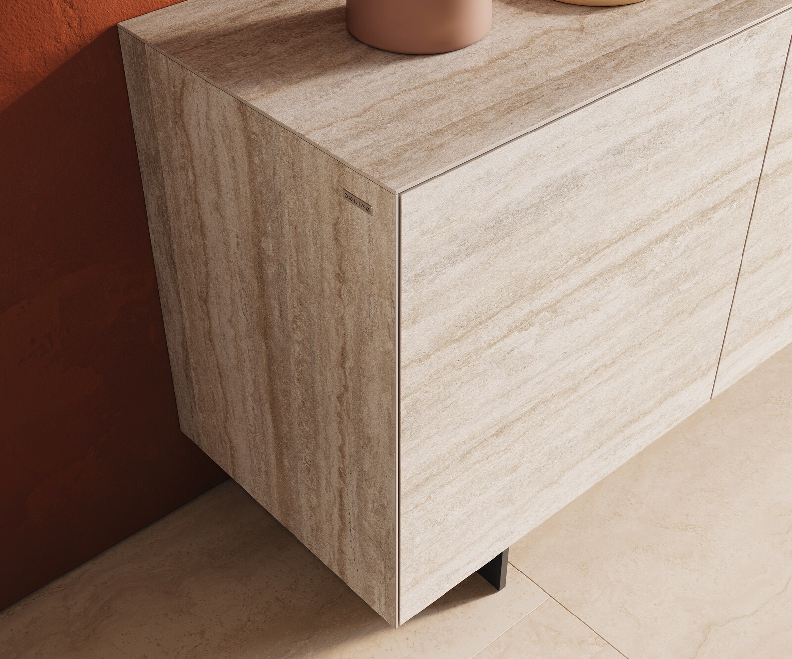 Komoda Cuor 180 cm ceramika Laminam® Travertino Bianco kremowo-biała 2 drzwi 3 szuflady nóżki wąskie czarny metal 6