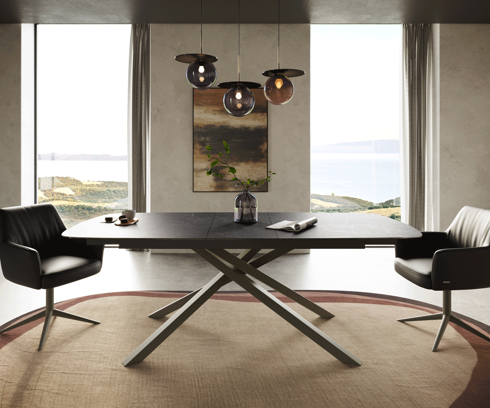 Stół do jadalni Edge w kształcie beczki 180-220x100 cm ceramika Laminam® Nero Greco Anthrazit rama Cross w kolorze tytanu rozkładany 2