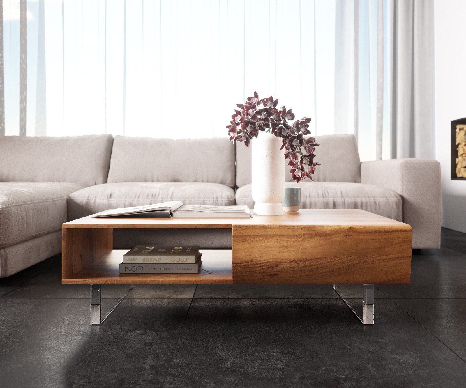 Stolik kawowy New Live-Edge 115x60 cm akacja naturalna 2 szuflady 1 przegroda nóżki akrylowe 1