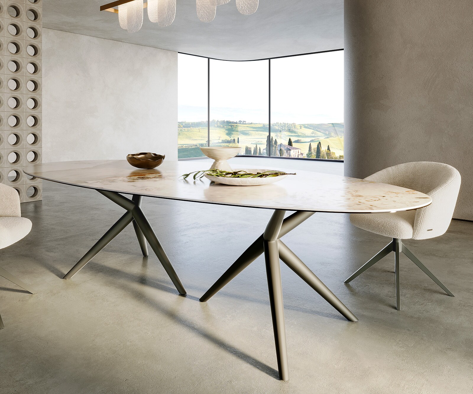 Stół do jadalni Edge owalny 280x130cm ceramika Minas Melange biało-beżowy rama Estelar metal kolor tytanowy 5