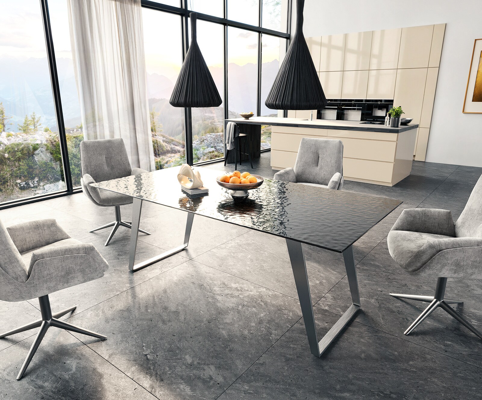 Stół do jadalni Edge 200x100 cm szkło reliefowe czarne efekt 3D stal nierdzewna pochylona rama 5