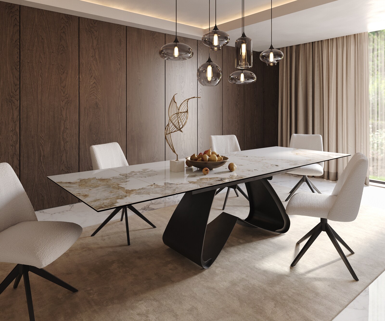 Stół do jadalni Edge 200-300x100 cm ceramika Minas Melange biało-beżowy rama W czarna rozkładany