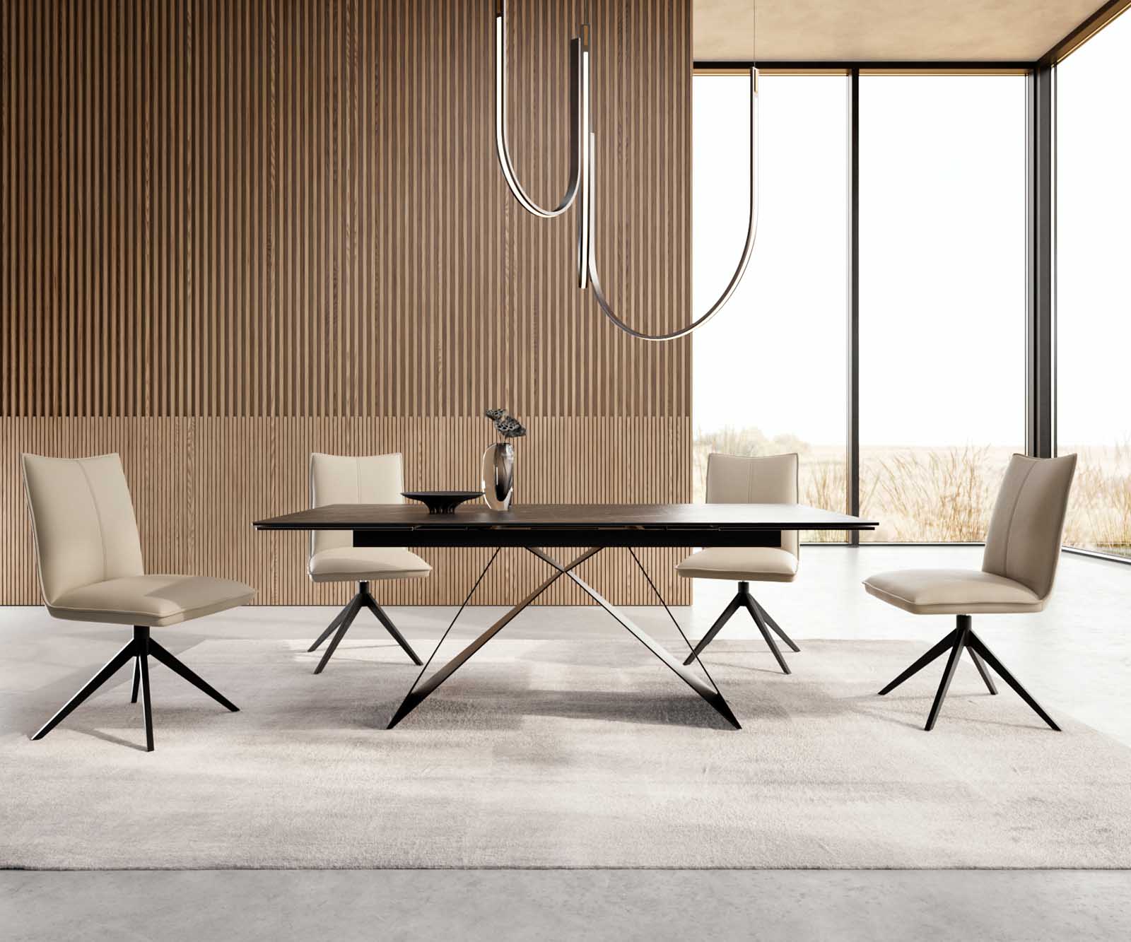 Stół do jadalni Edge 200-300x100 cm ceramika Laminam® Noir Desir brązowy rama V metal czarna rozkładany 4