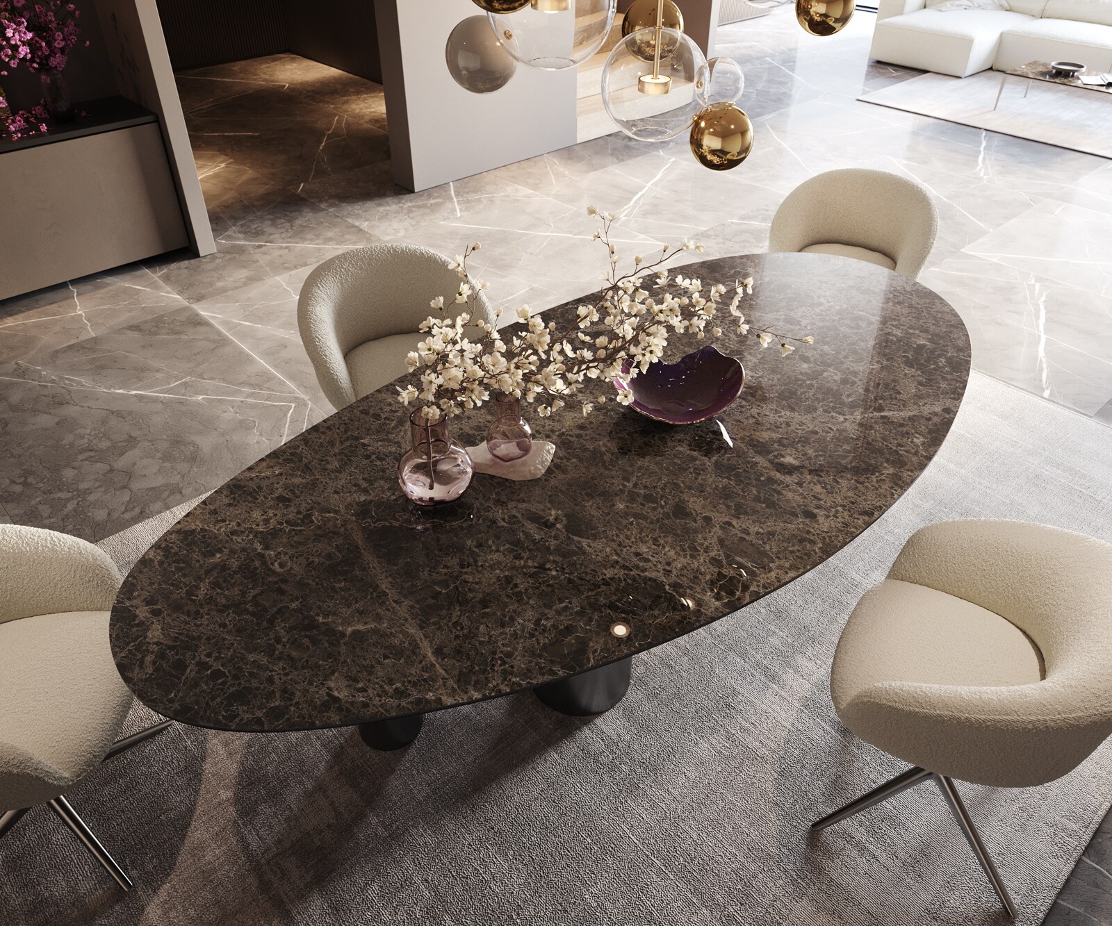 Stół do jadalni Edge owalny 280x130cm ceramika Emperador Extra Lucidato ciemnobrązowy rama Pilier stal nierdzewna grafit 4