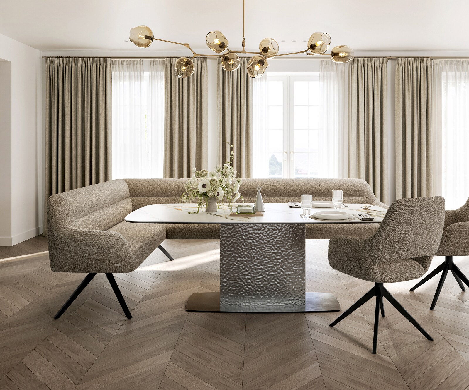 Ławka do jadalni Taya-Flex 285x190 cm bouclé szaro-brązowy podstawa krzyżowa kątowa metal czarny sprężyny kieszeniowe prawa 2