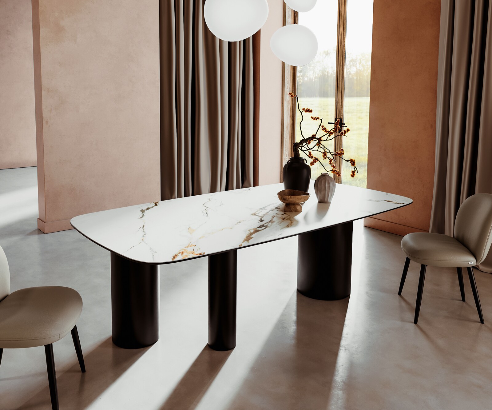 Stół do jadalni Edge kształt beczki 240x120cm ceramika Calacatta Luxe biało-złoto-szary rama Troa metal czarny 1