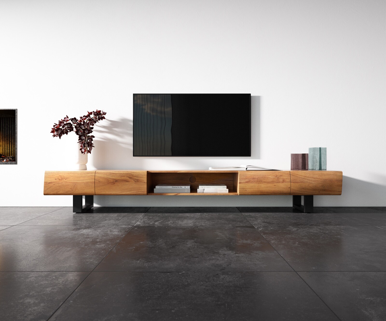 Szafka RTV New Live-Edge 240 cm akacja naturalna 4 drzwi 1 przegroda nóżki płozowe czarny metal 3