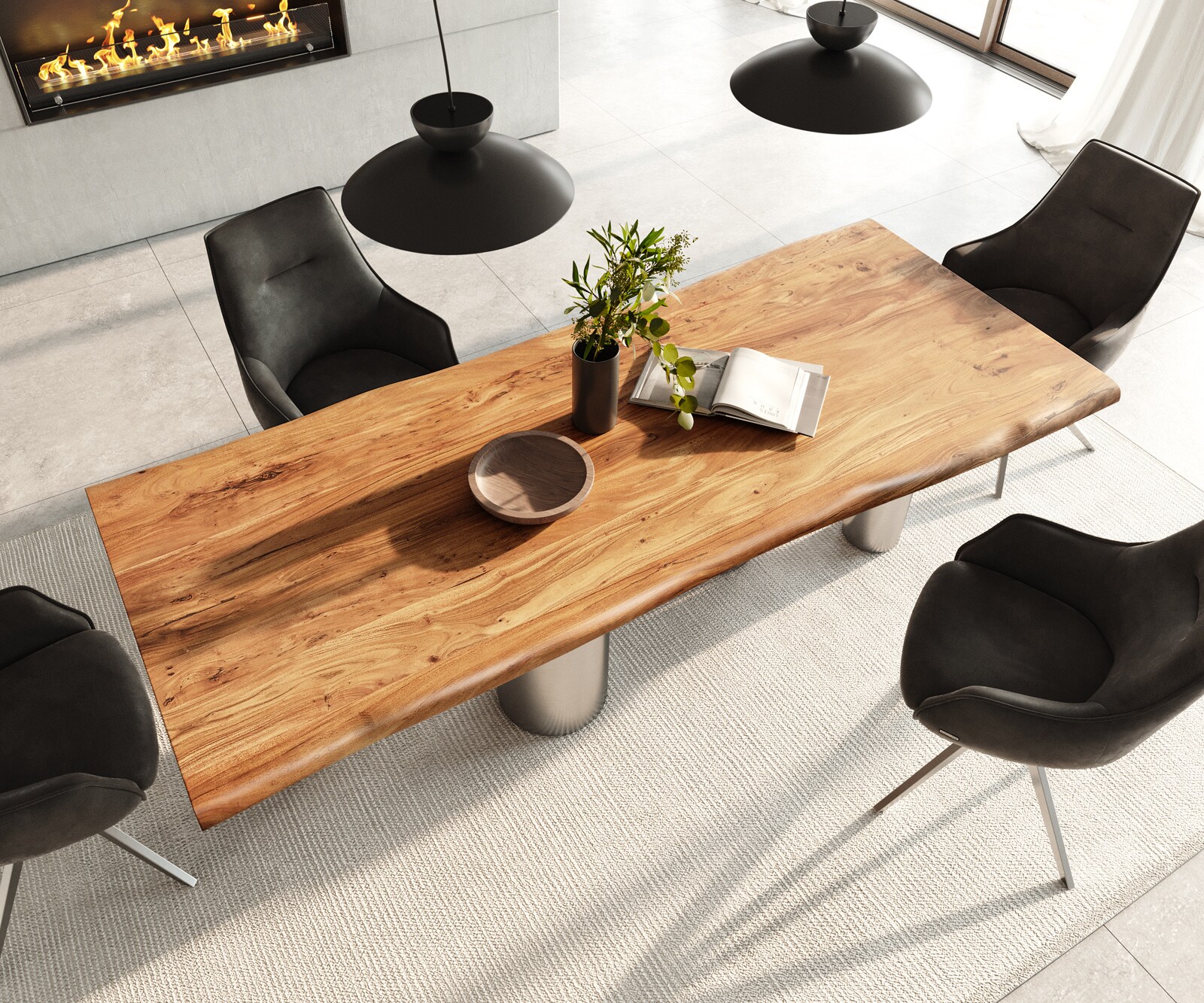 Stół do jadalni Edge 240x100cm akacja naturalna rama Pilier stal nierdzewna szczotkowana live-edge 3