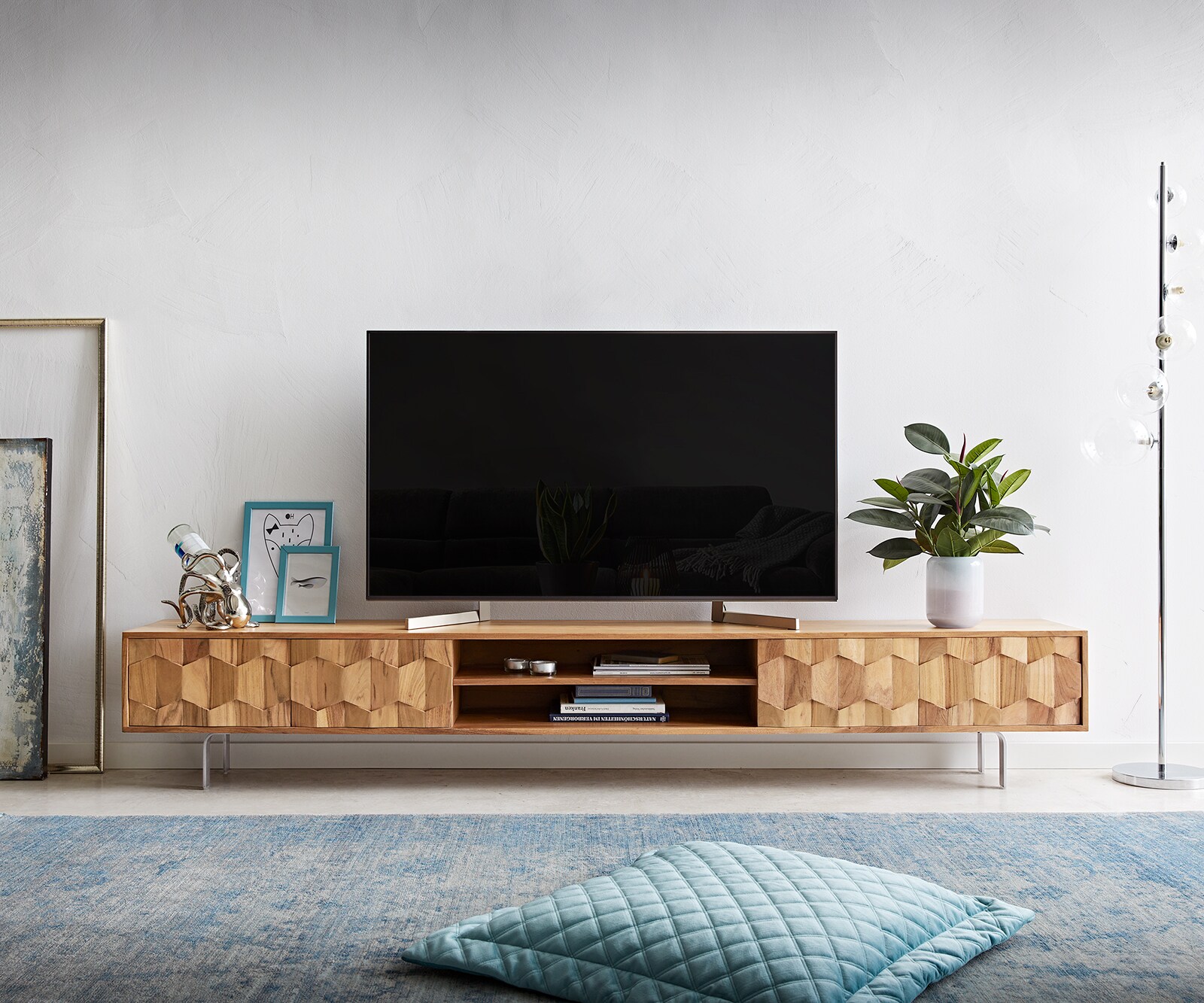 Szafka RTV Fevo 240 cm akacja naturalna 4 drzwi nóżki L 1