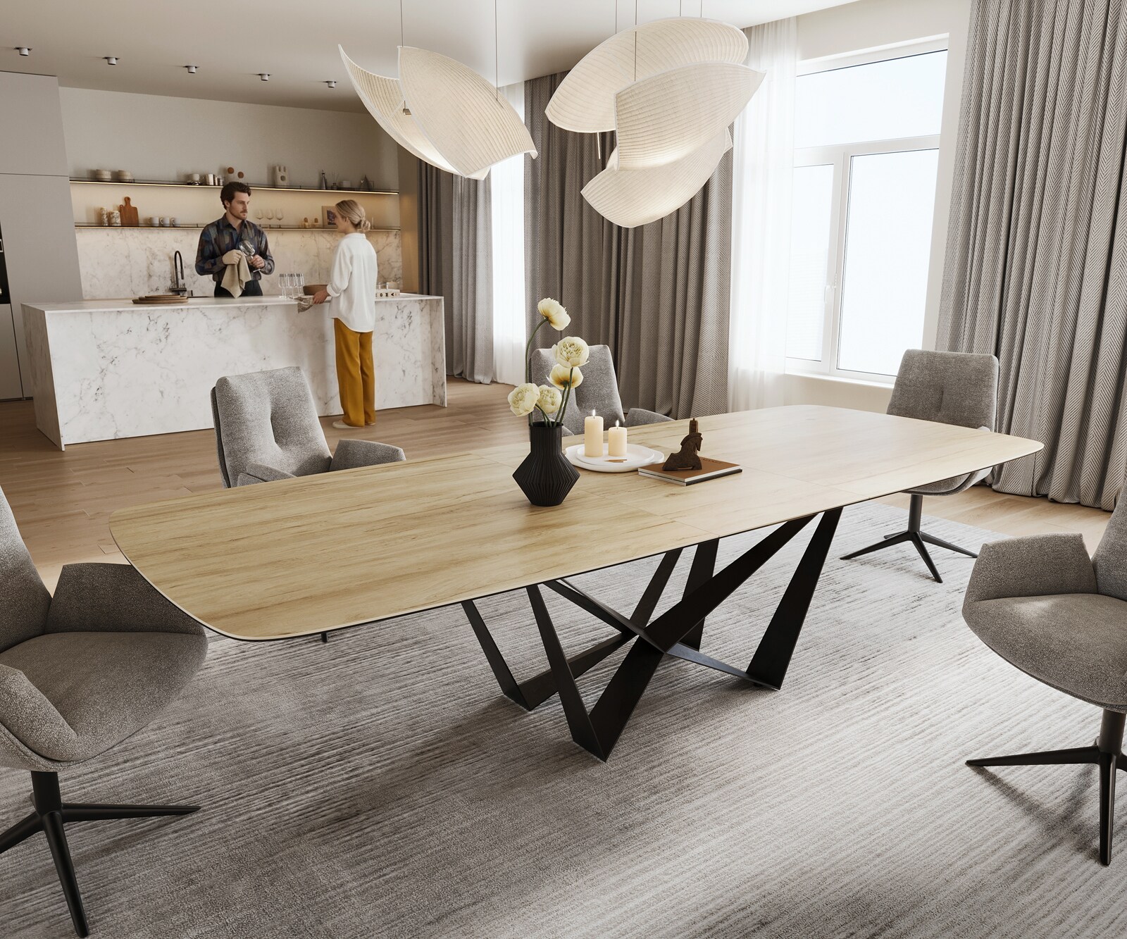 Stół do jadalni Edge w kształcie beczki 240-300x120 cm ceramika Laminam® Sabbia w kolorze dębu rama Spider metal czarny rozkładany