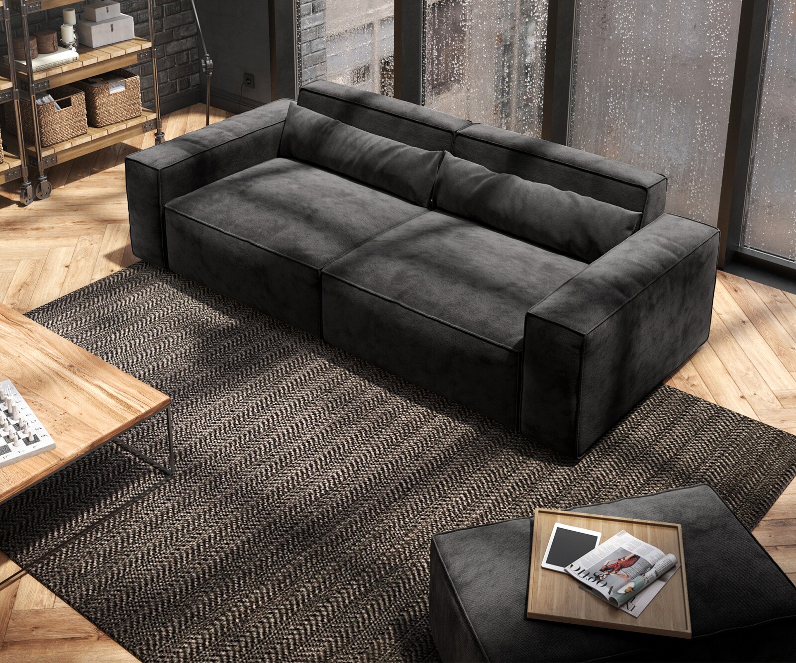 Duża sofa Sirpio 230x95 cm mikrofibra czarna z pufem 3