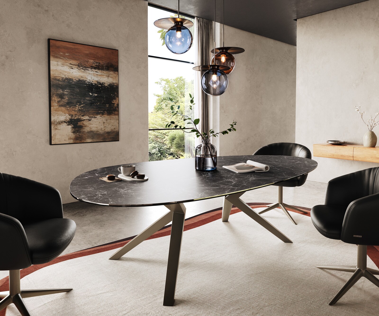 Stół do jadalni Edge owalny 220x120cm ceramika Laminam® Nero Greco Antracyt rama Zenthara metal kolor tytanowy
