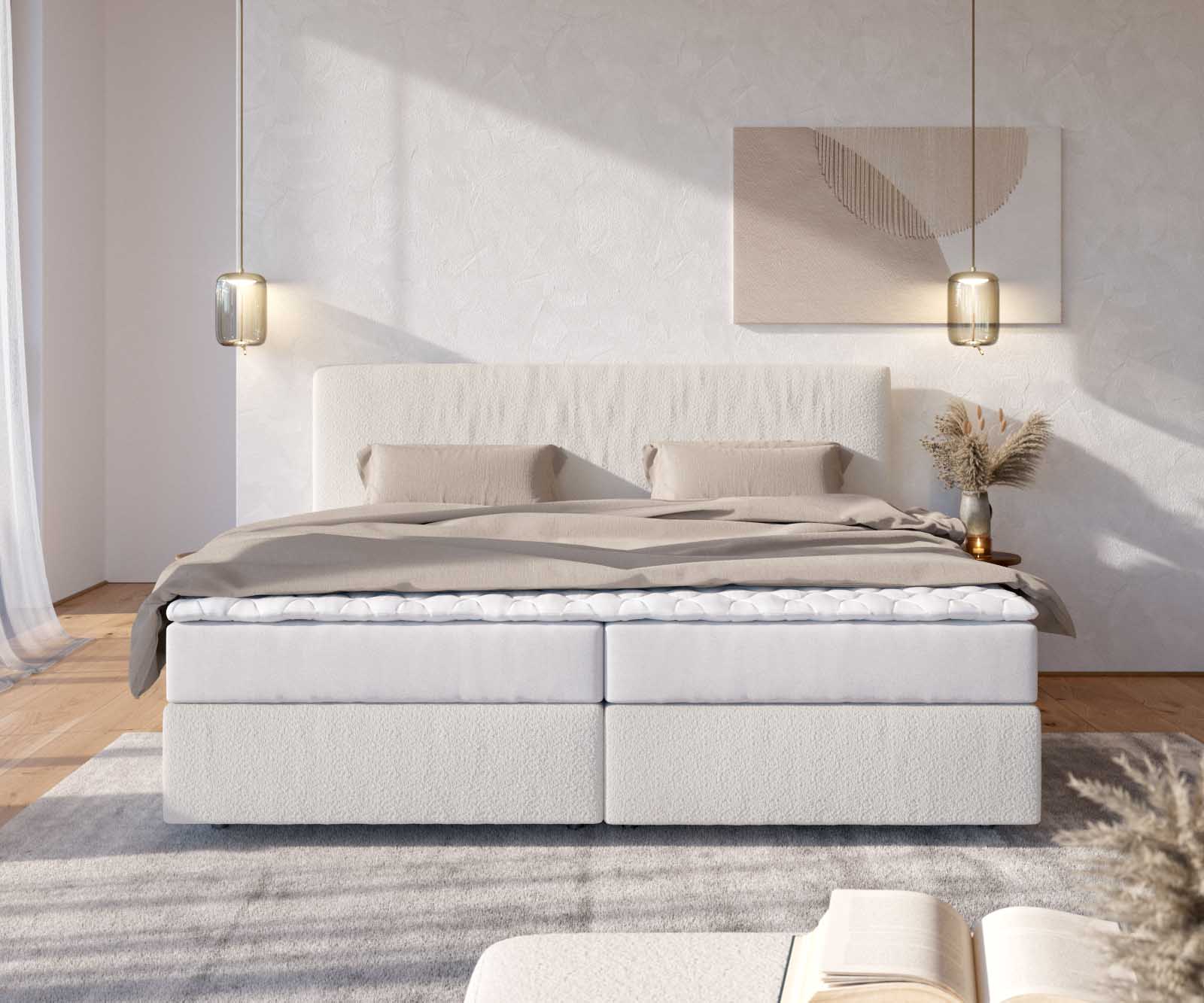 Łóżko kontynentalne Dream-Well bouclé kremowo-biały 200x200cm z materacem ze sprężynami kieszeniowymi i topperem Visco 1