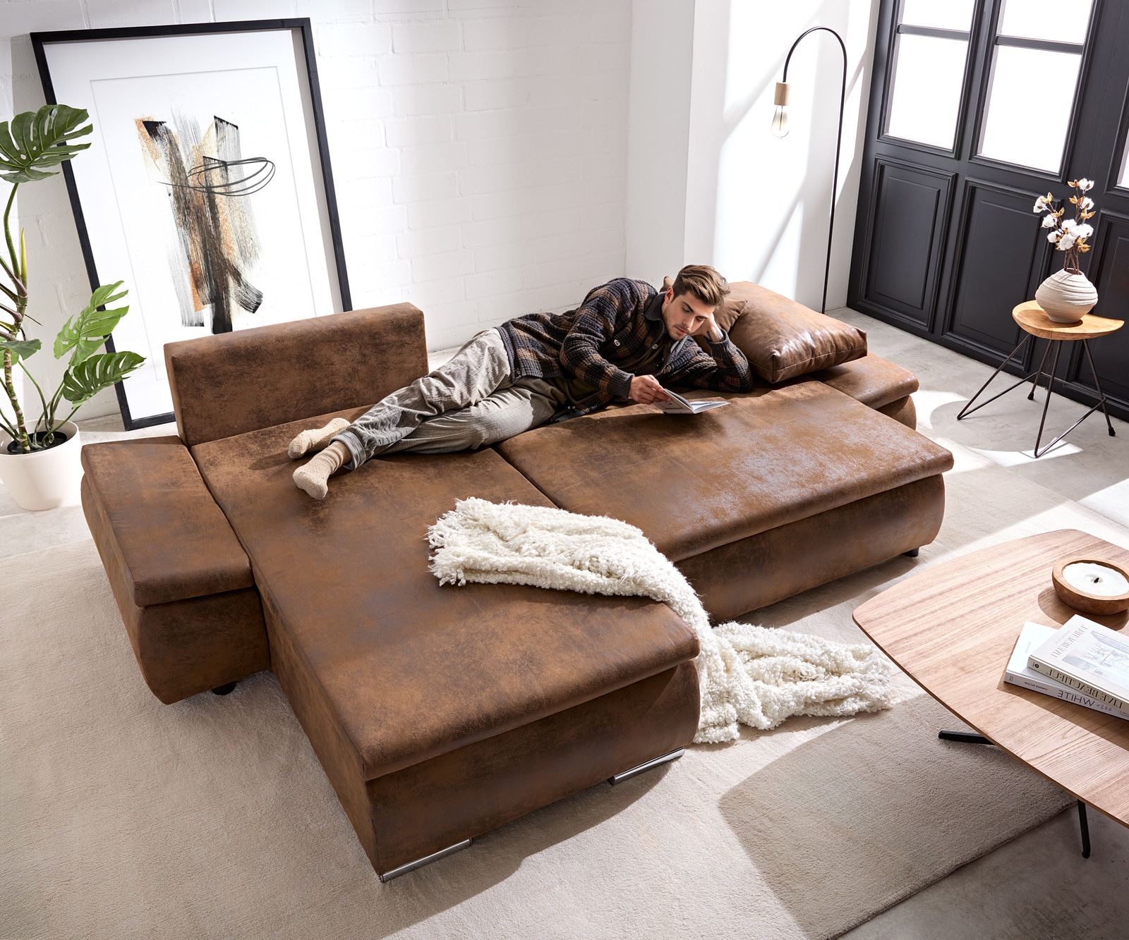 Sofa narożna Abilene 260x175 cm brązowy szezlong z możliwością zmiennego montażu z funkcją spania 3