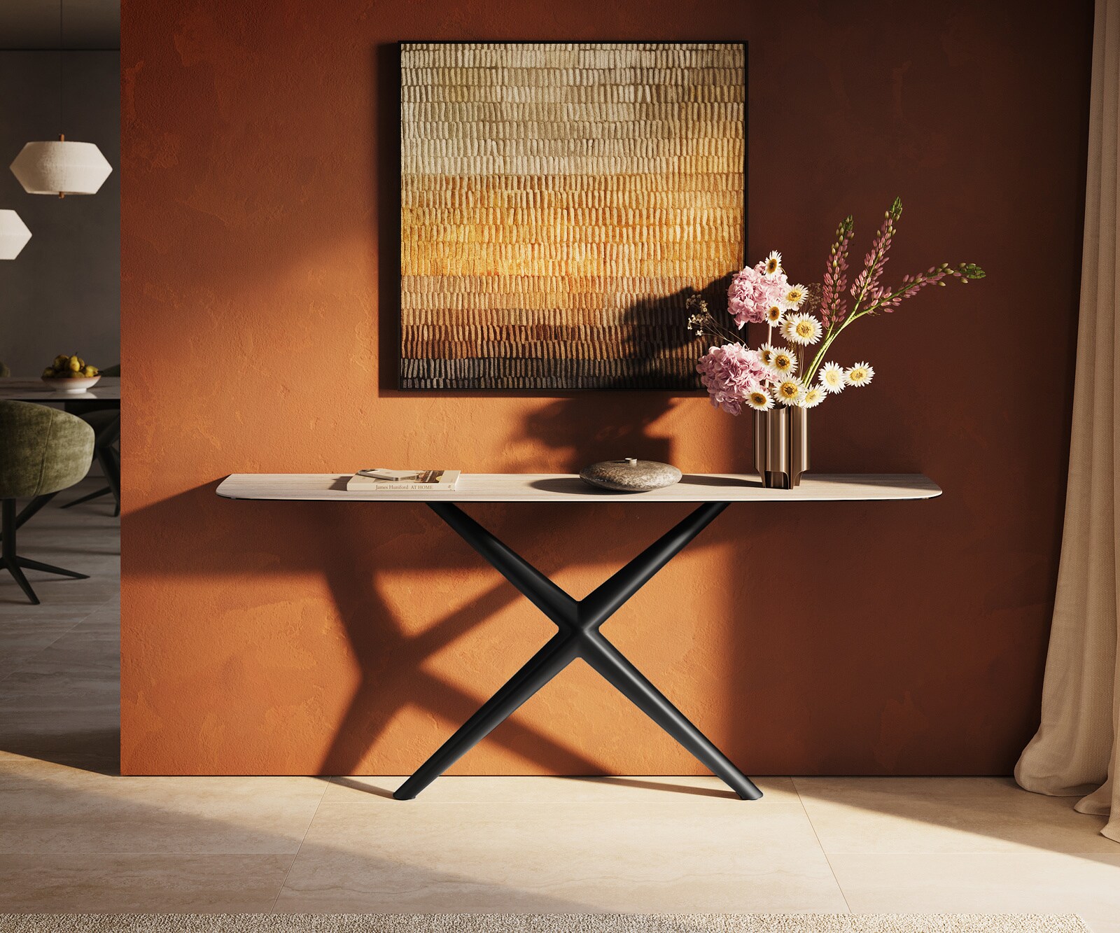 Konsola Edge w kształcie beczki 180x40 cm ceramika Laminam® Travertino Bianco kremowo-biały rama Estelo metal czarny 1