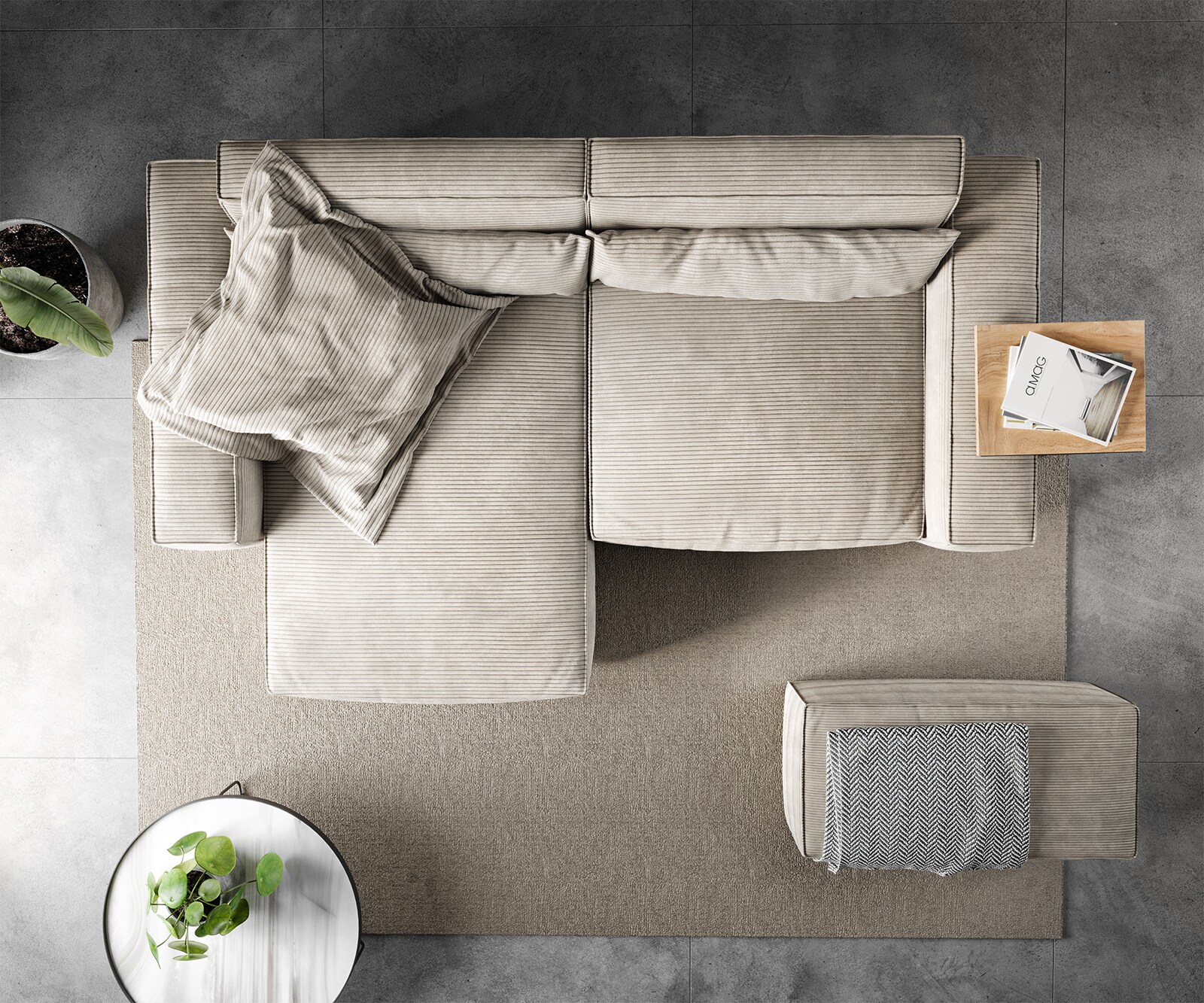 Sofa narożna Sirpio 230x155 cm sztruks beżowy szezlong z możliwością obustronnego montażu z pufem 5