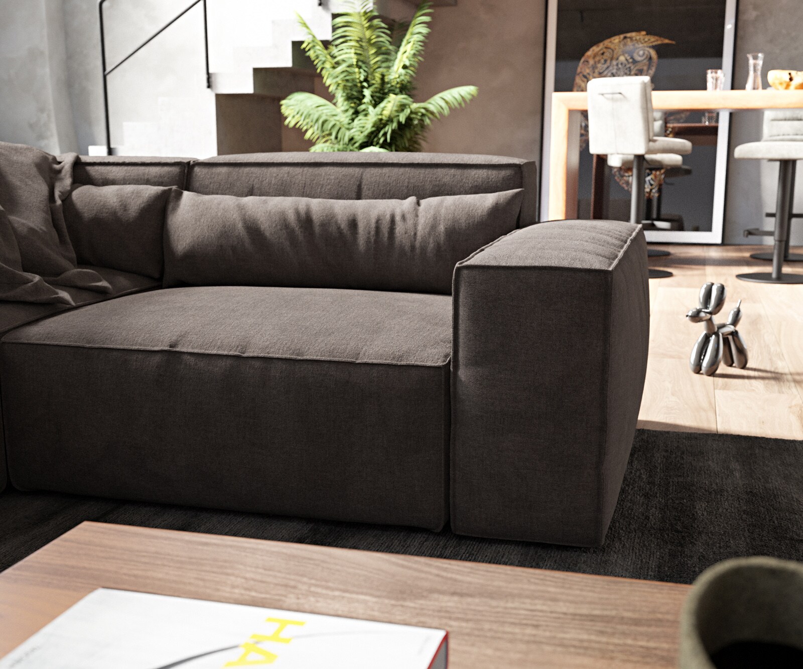Sofa w kształcie litery U Sirpio 300x210 cm mikrofibra khaki-brązowa szezlong z możliwością obustronnego montażu z pufem 6