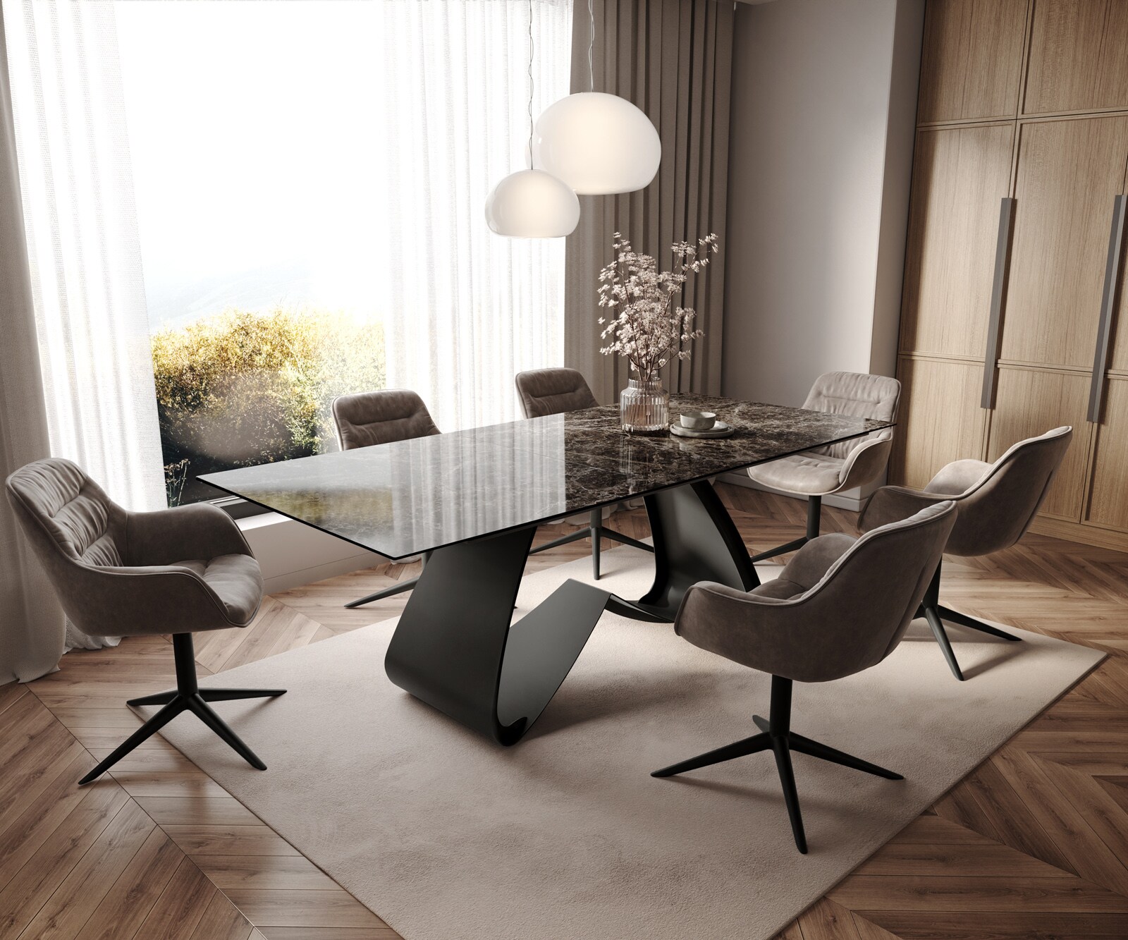 Stół do jadalni Edge 180-220x100cm ceramika Laminam® Emperador Extra Lucidato ciemnobrązowy rama W czarny rozkładany 6