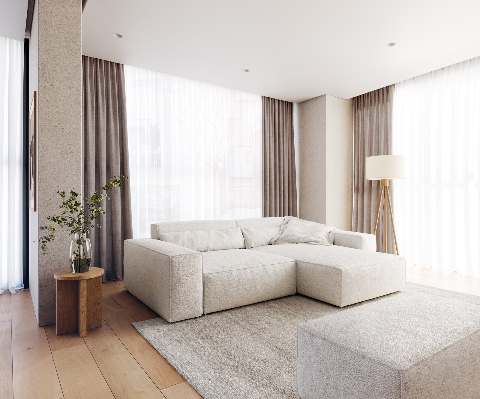 Sofa narożna Sirpio XL 270x170cm bouclé kremowo-biały szezlong z możliwością zmiennego ustawienia z pufem 1