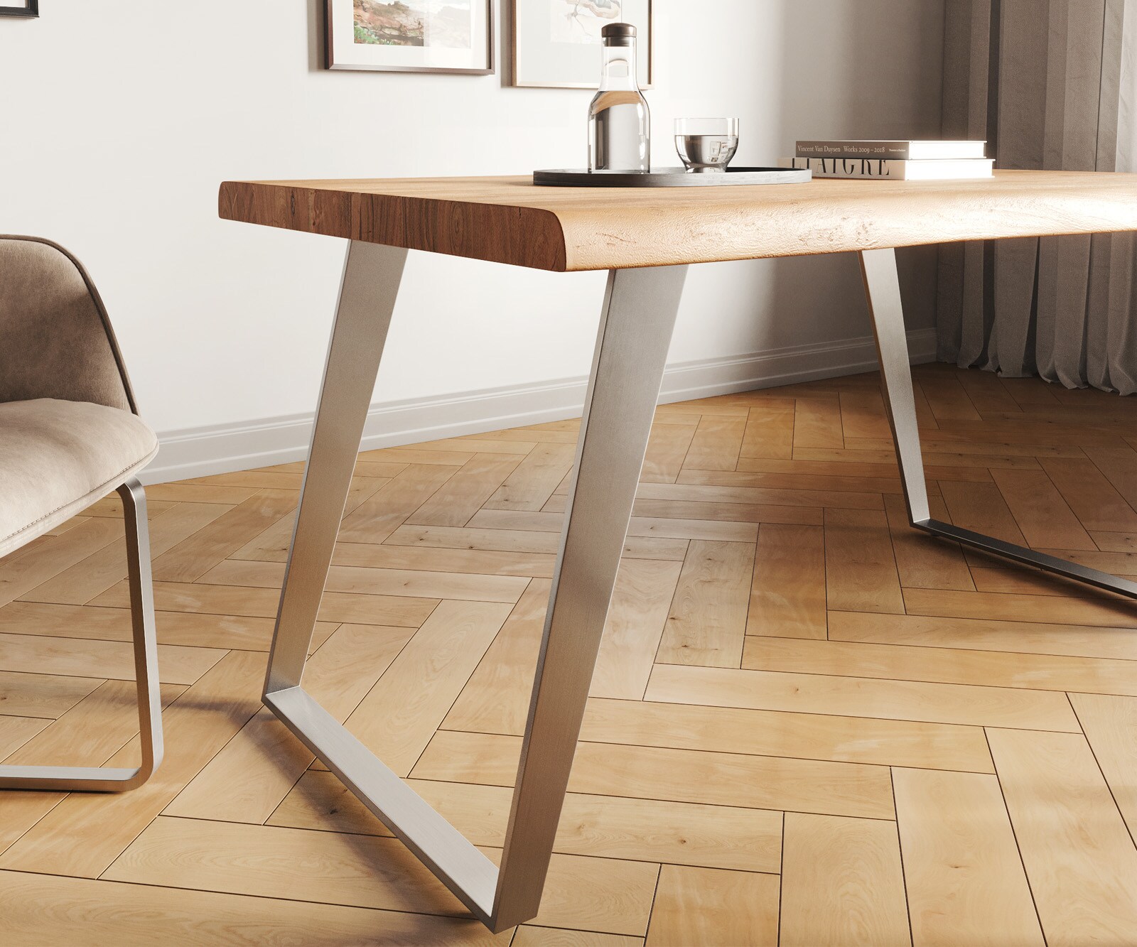 Stół do jadalni Edge 140x90cm XL akacja naturalna stal nierdzewna pochylona rama live-edge 4