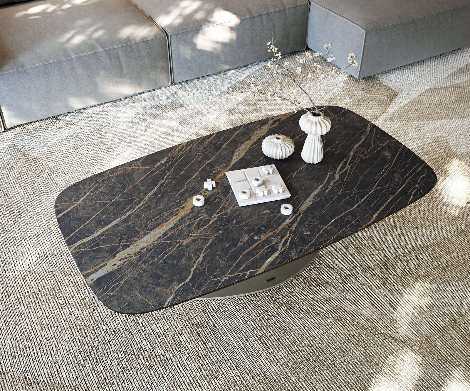 Stolik kawowy Edge w kształcie beczki 140x80 cm ceramika Laminam® Noir Desir brązowy Vibany wykończenie tytanowe 6