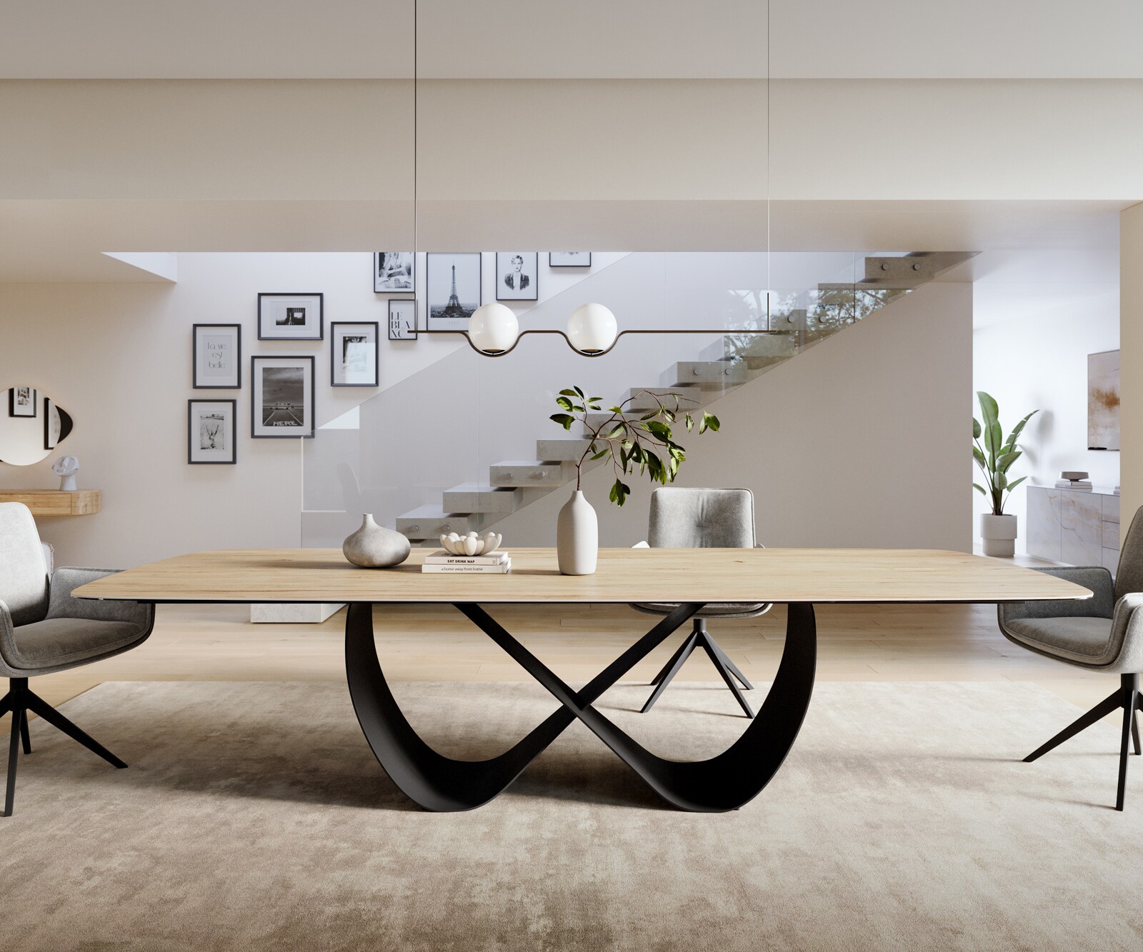 Stół do jadalni Edge w kształcie beczki 300x120 cm ceramika Laminam® Sabbia w kolorze dębu rama Infinity metal czarny 2