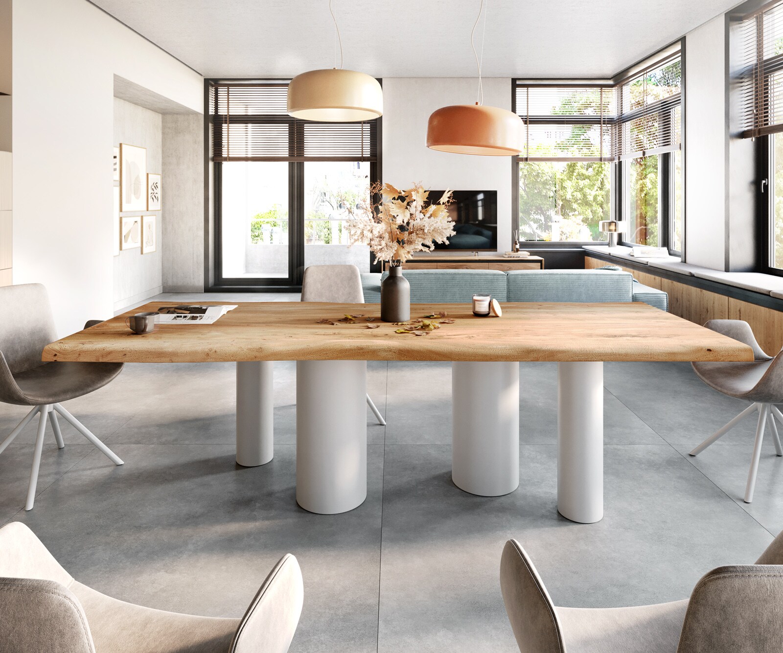 Stół do jadalni Edge 280x100 cm XL akacja naturalna rama Pilier metal biały 1