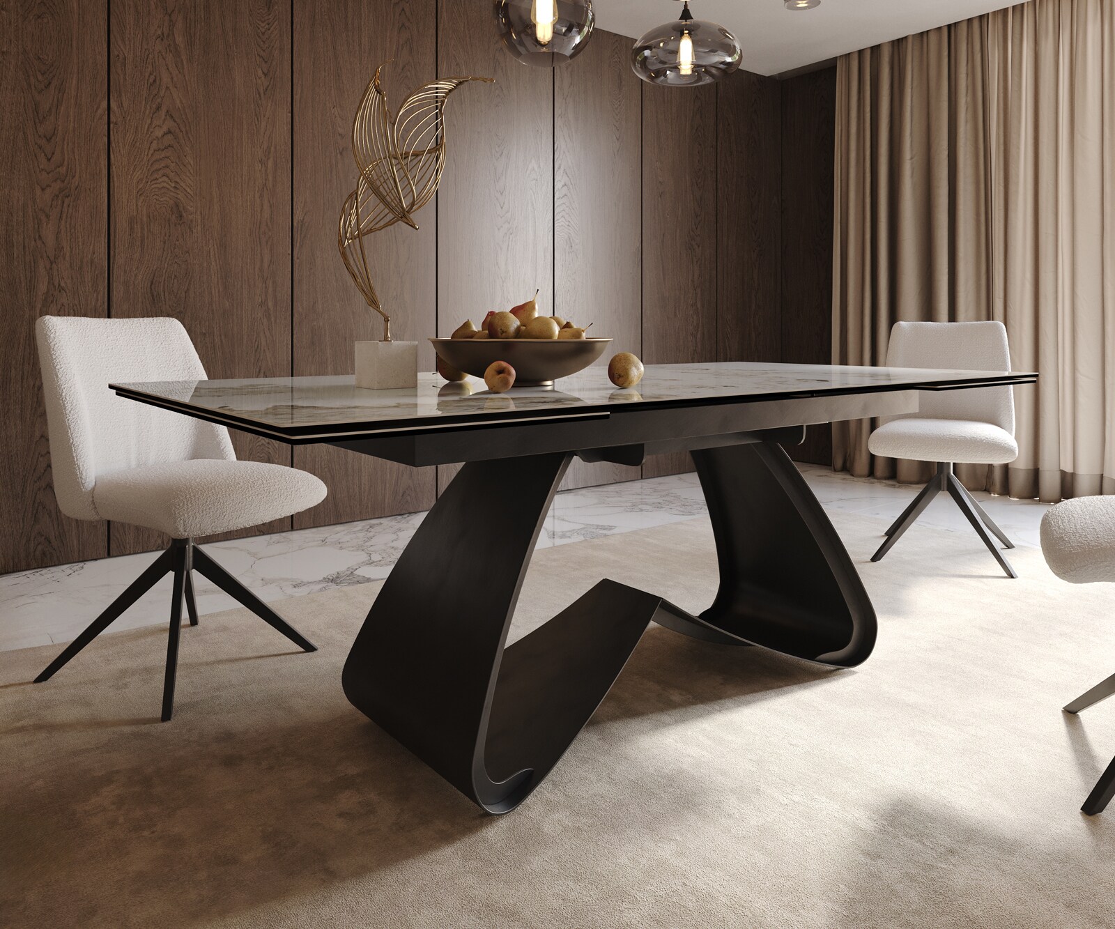 Stół do jadalni Edge 200-300x100 cm ceramika Minas Melange biało-beżowy rama W czarna rozkładany 6