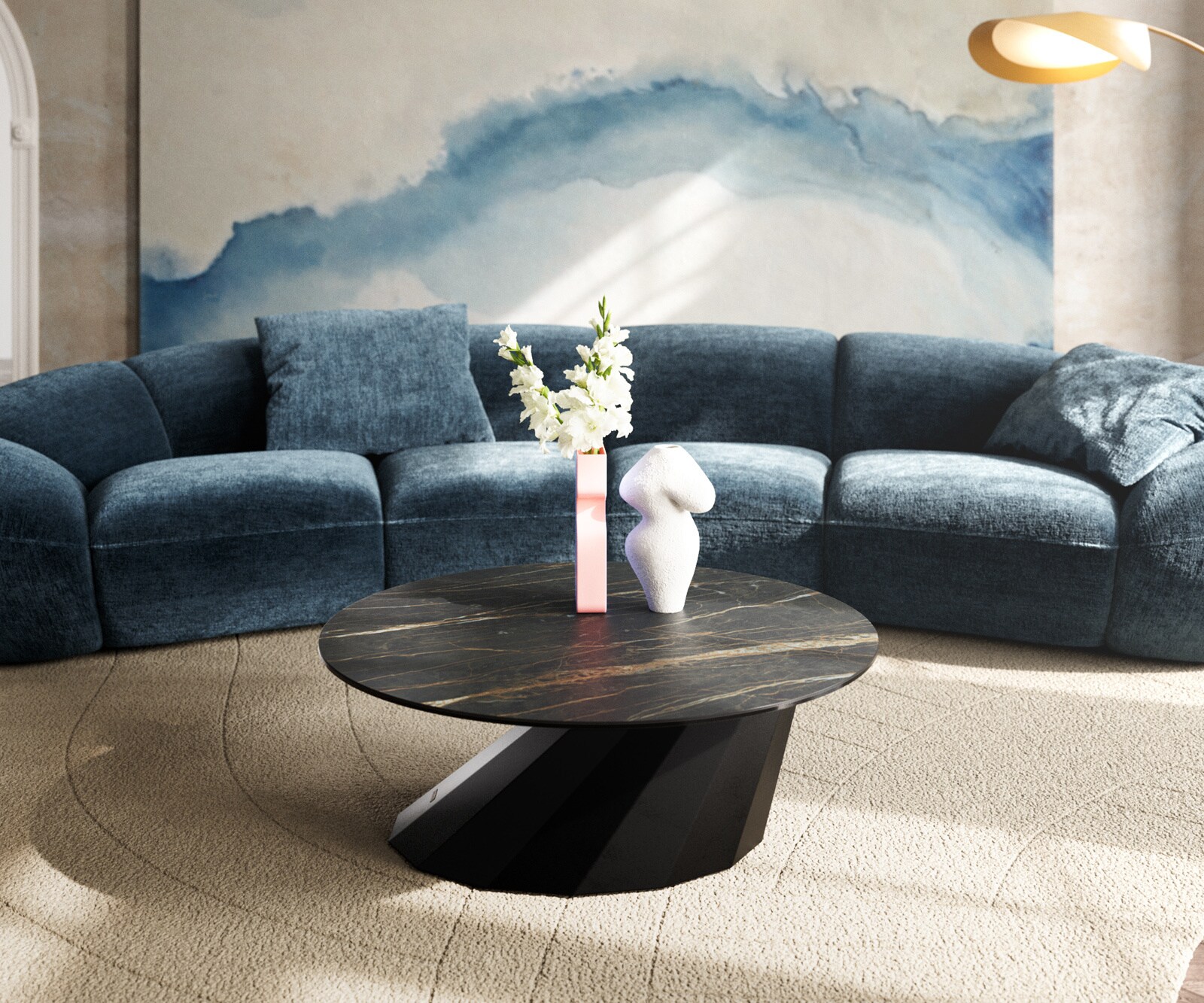 Stolik kawowy Edge okrągły 90x90 cm ceramika Laminam® Noir Desir brązowa podstawa Parabi metal czarny 2