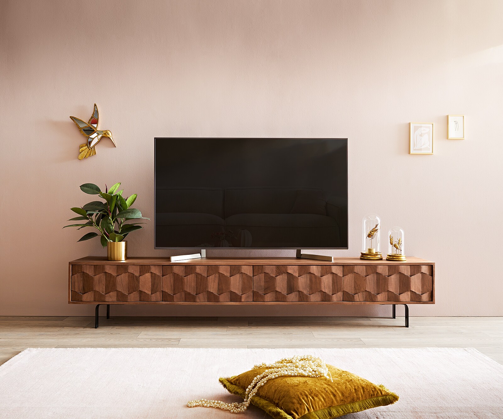 Szafka RTV Fevo 220 cm akacja brązowa 4 drzwi nóżki L 1