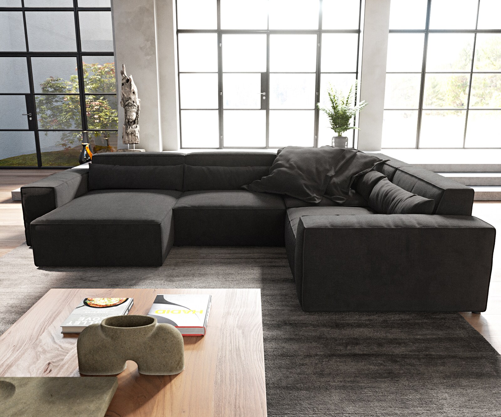 Sofa w kształcie litery U Sirpio 300x210 cm mikrofibra czarna szezlong z możliwością obustronnego montażu 2