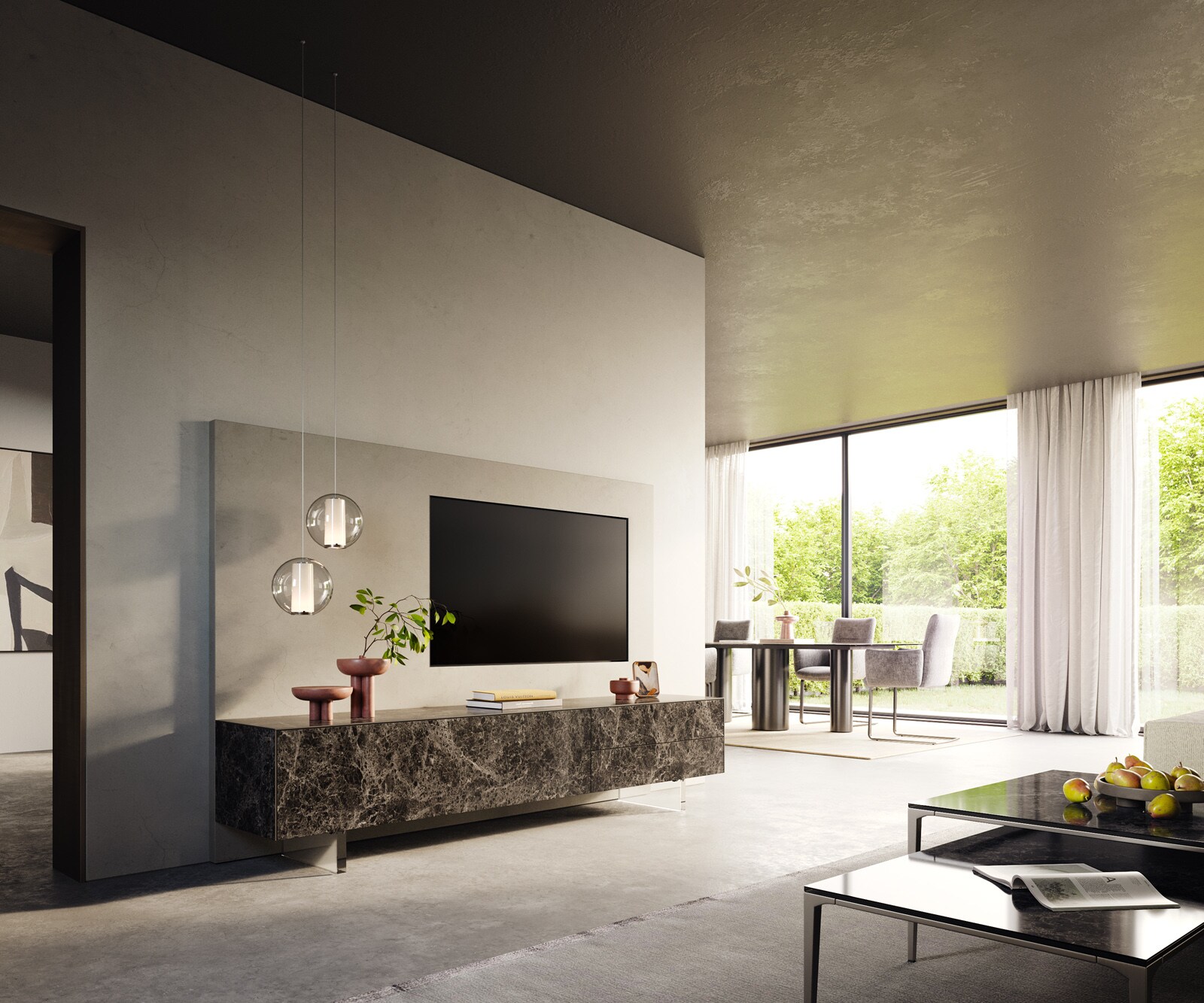 Szafka RTV Cuor 220 cm ceramika Emperador Extra Lucidato ciemnobrązowa 1 klapa 2 szuflady nóżki akrylowe 7