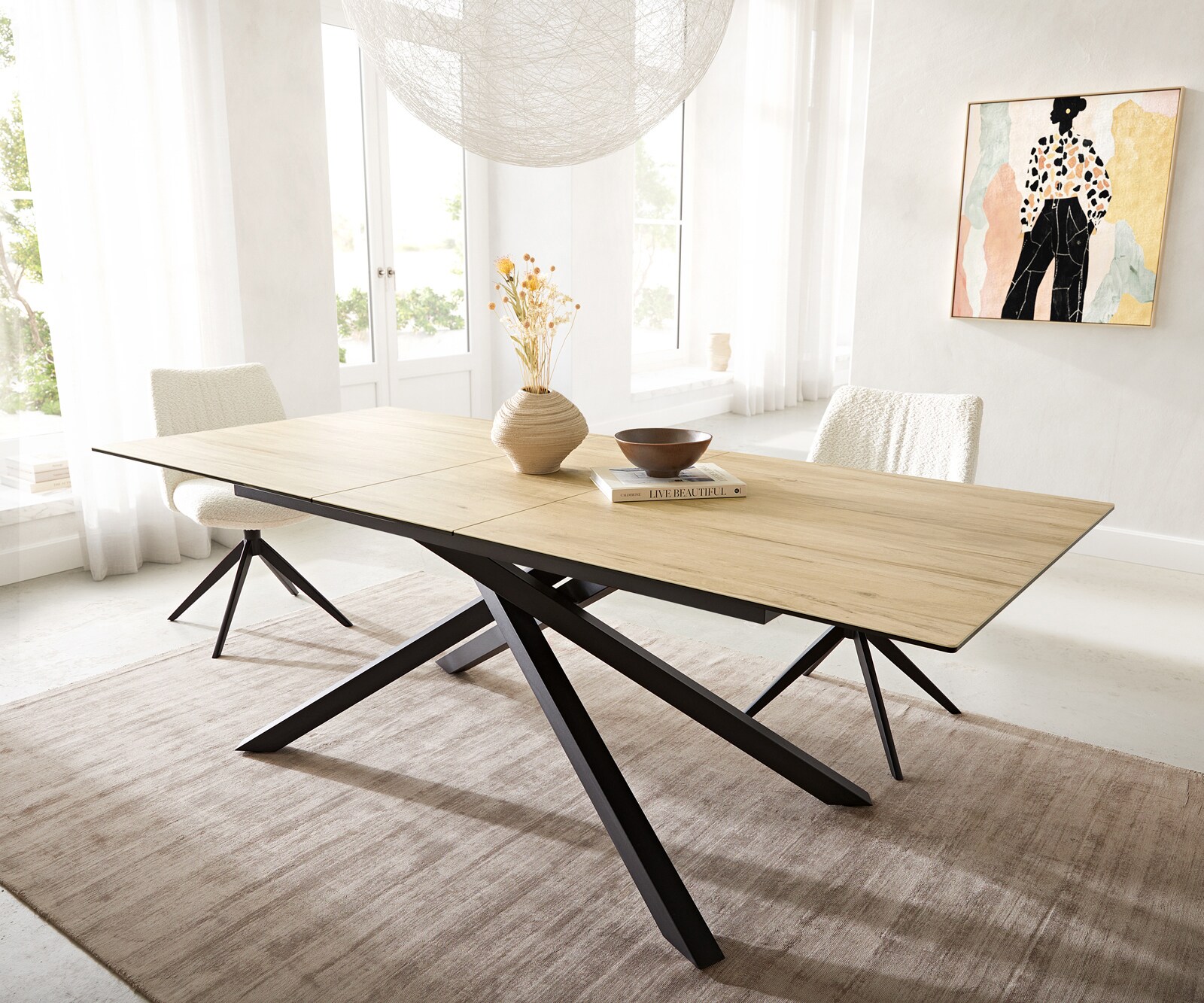 Stół do jadalni Edge 180-220x100 cm ceramika Laminam® Sabbia kolor dębu rama Cross czarna rozkładany 2