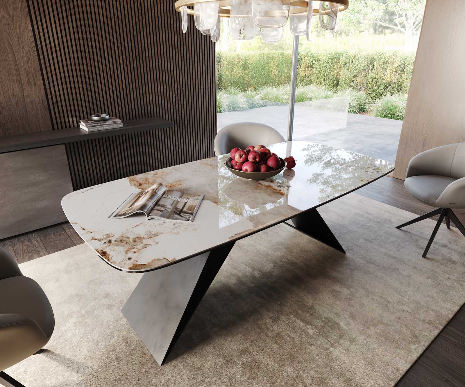 Stół do jadalni Edge kształt beczki 200x100cm ceramika Minas Melange biało-beżowy rama V metal czarna