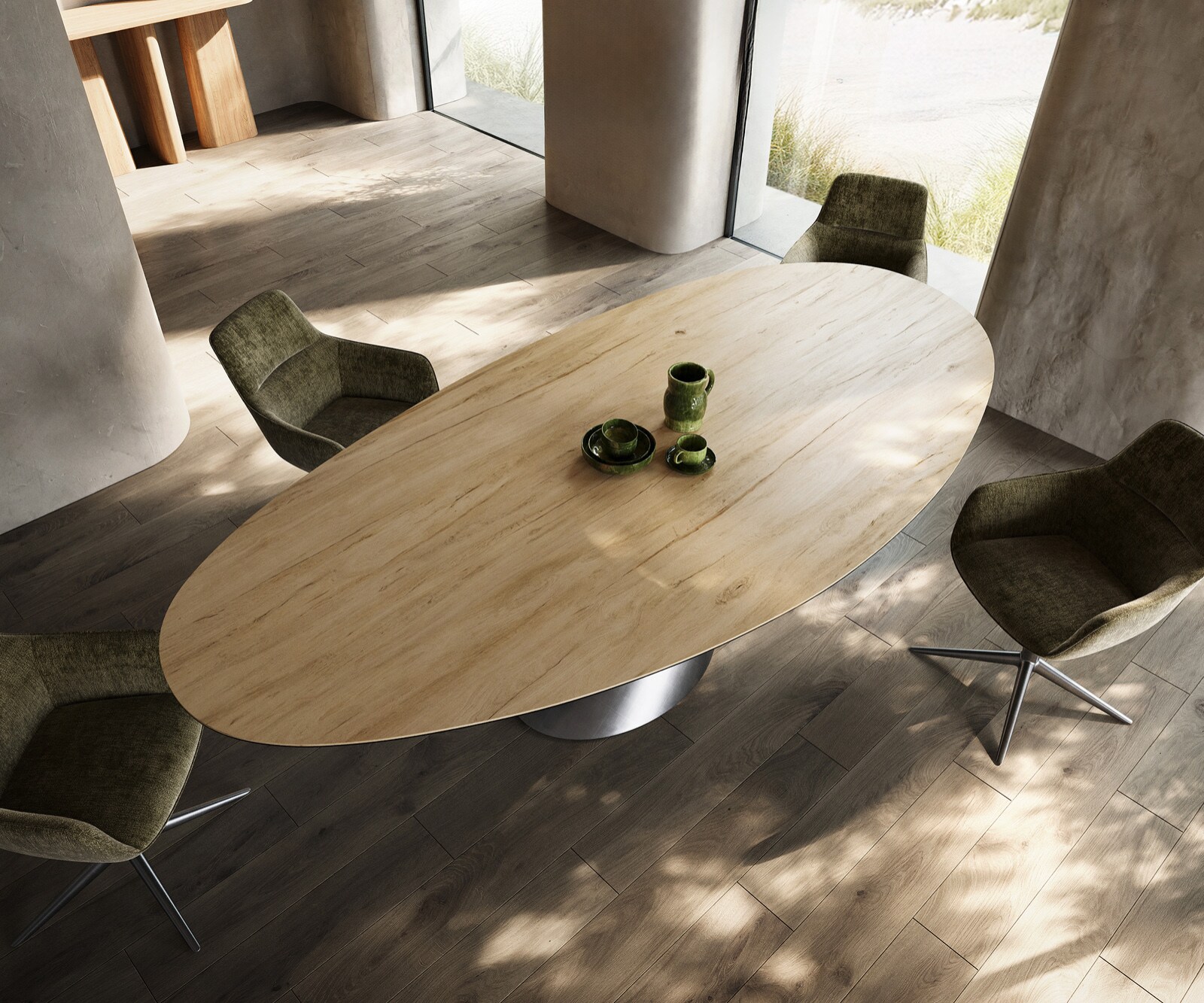 Stół do jadalni Edge owalny 280x130 cm ceramika Laminam® Sabbia w kolorze dębu rama Cono metaliczny srebrny 4